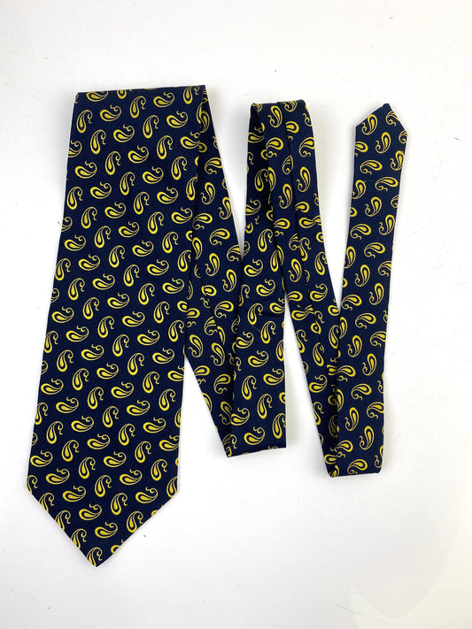 Front of: 90s Deadstock Silk Necktie, Men's Vintage Gold Navy Modern Boteh Paisley Pattern Tie, NOS