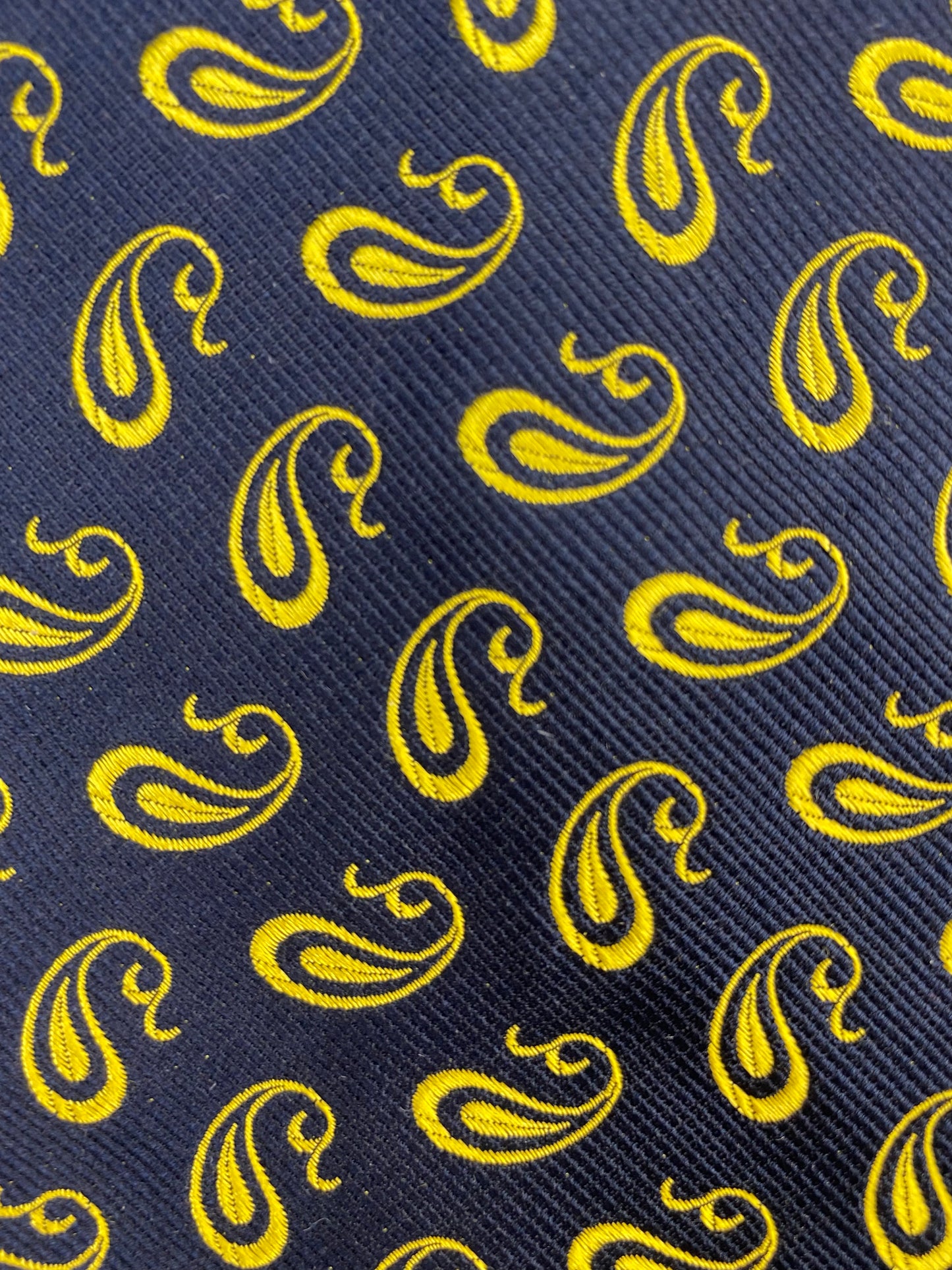 Close-up pattern detail of: 90s Deadstock Silk Necktie, Men's Vintage Gold Navy Modern Boteh Paisley Pattern Tie, NOS