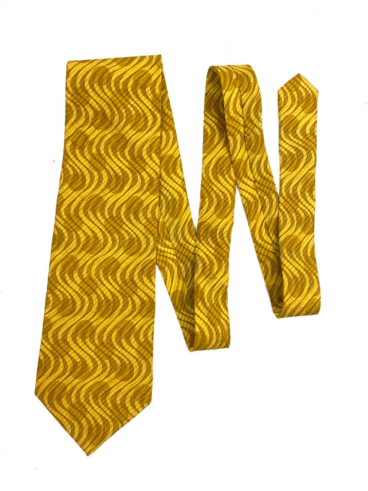 Front of: 90s Deadstock Silk Necktie, Men's Vintage Gold Geometric Waves/ Circles Pattern Tie, NOS