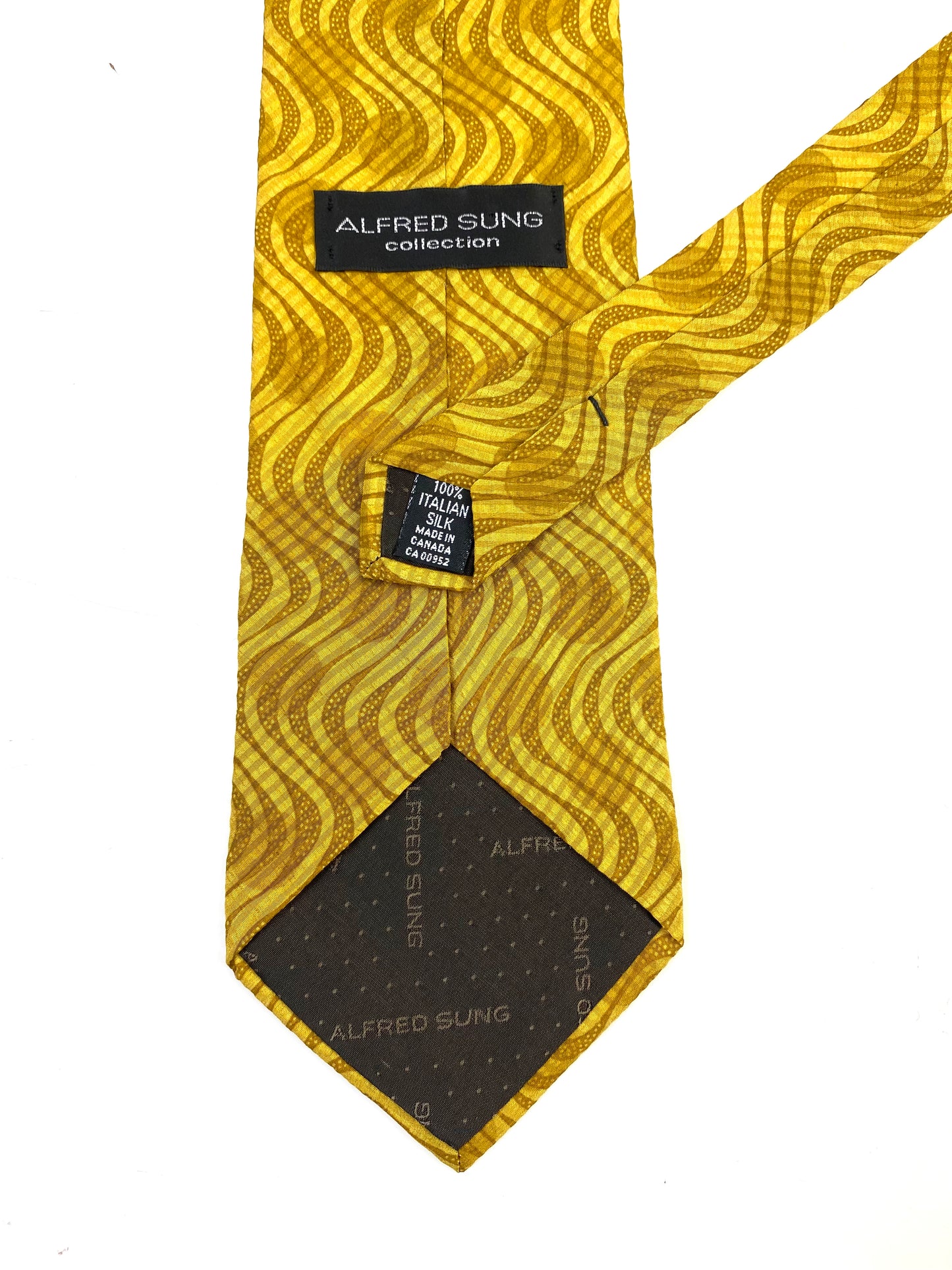 Back and labels of: 90s Deadstock Silk Necktie, Men's Vintage Gold Geometric Waves/ Circles Pattern Tie, NOS