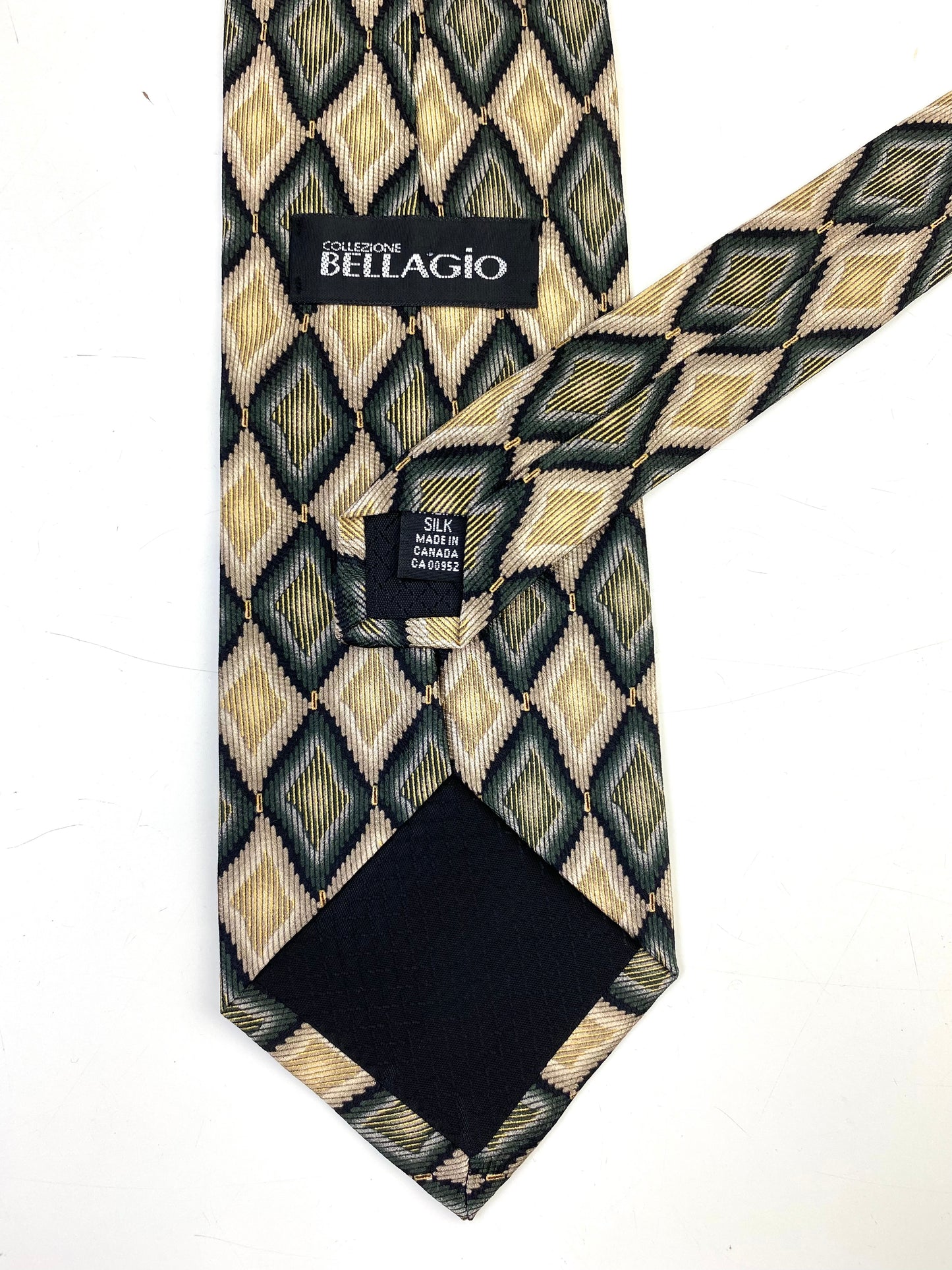 90s Deadstock Silk Necktie, Men's Vintage Gold/ Green Diamond Pattern Tie, NOS