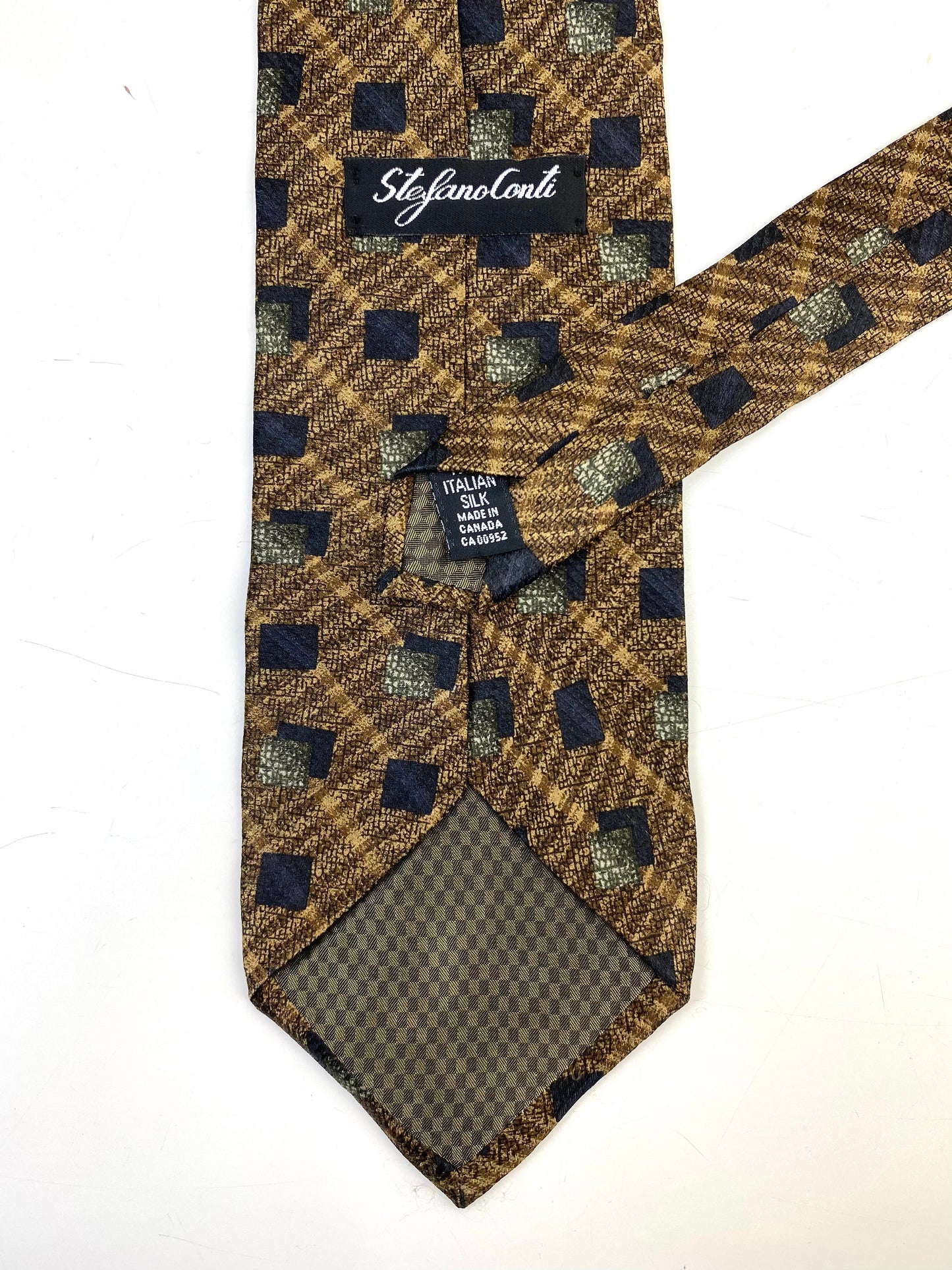 90s Deadstock Silk Necktie, Men's Vintage Bronze/ Navy Geometric Square Pattern Tie, NOS