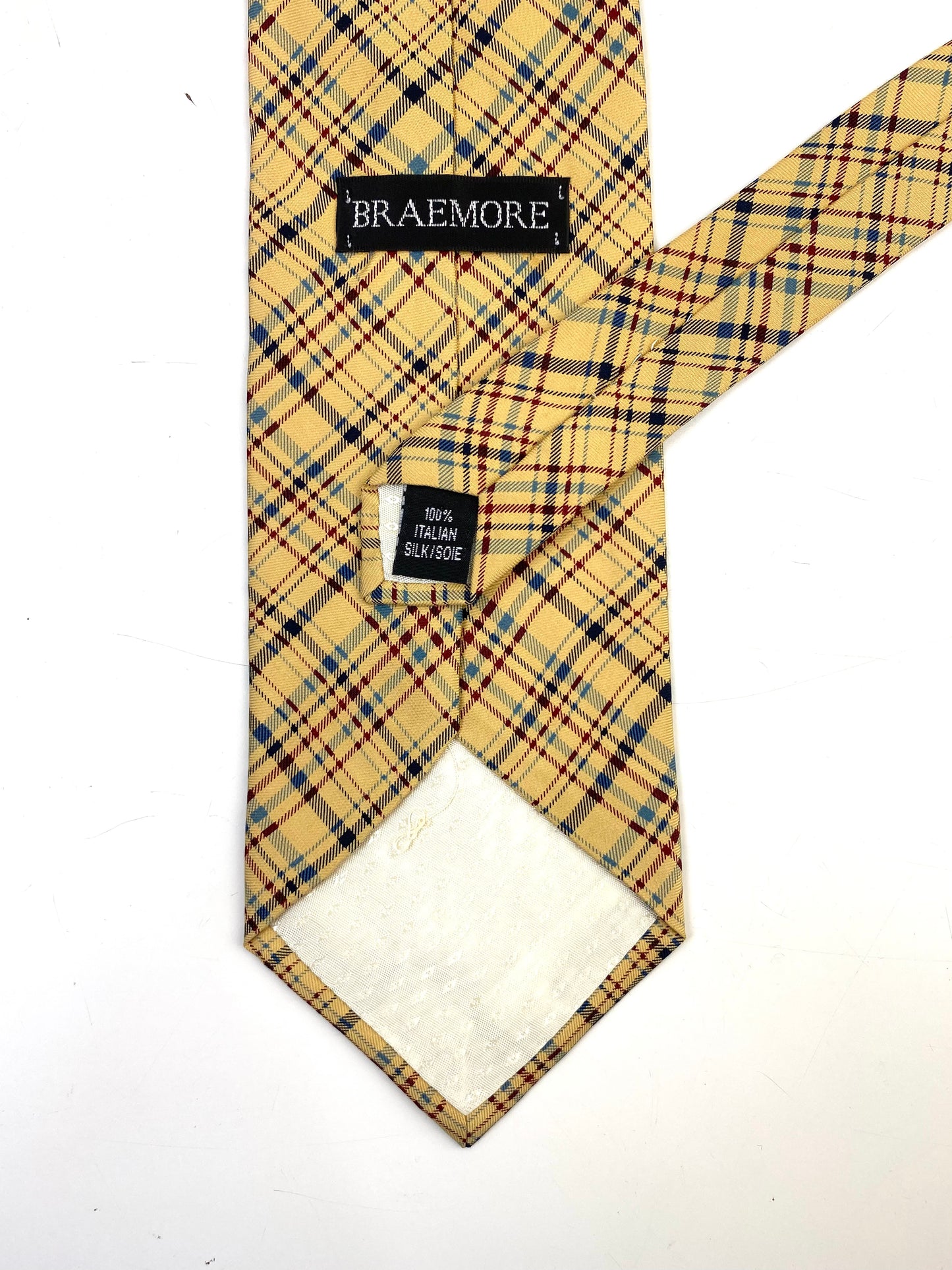 90s Deadstock Silk Necktie, Men's Vintage Gold Plaid Pattern Tie, NOS