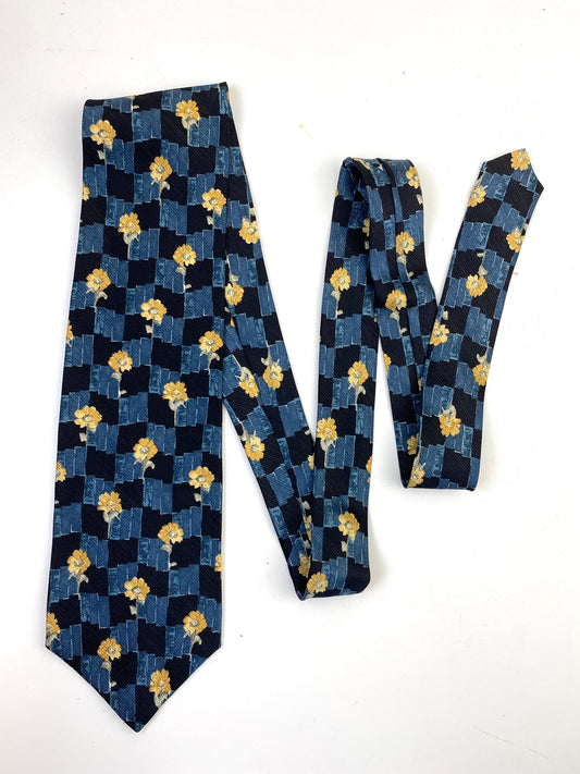 90s Deadstock Silk Necktie, Men's Vintage Blue/Gold Floral Geometric Pattern Tie, NOS