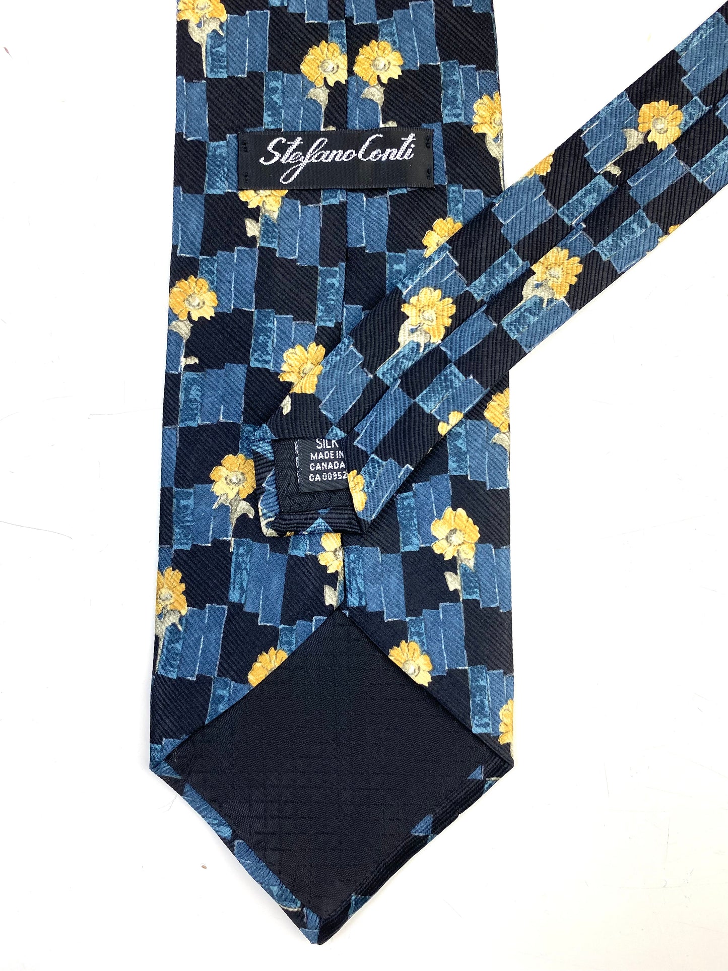 90s Deadstock Silk Necktie, Men's Vintage Blue/Gold Floral Geometric Pattern Tie, NOS
