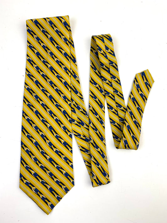 90s Deadstock Silk Necktie, Men's Vintage Gold/Blue Diagonal Stripe Pattern Tie, NOS