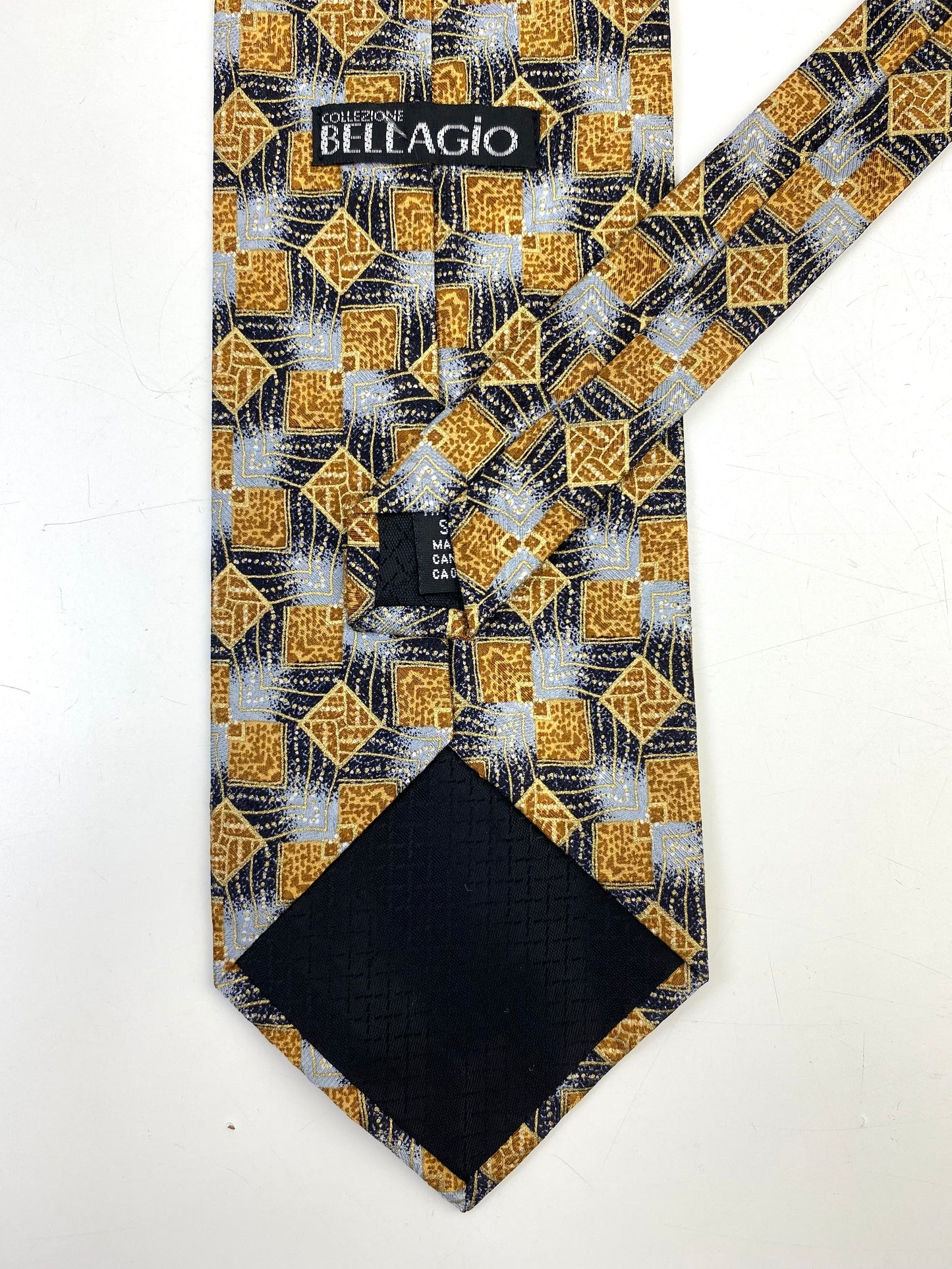 90s Deadstock Silk Necktie, Men's Vintage Gold/Grey Geometric Pattern Tie, NOS
