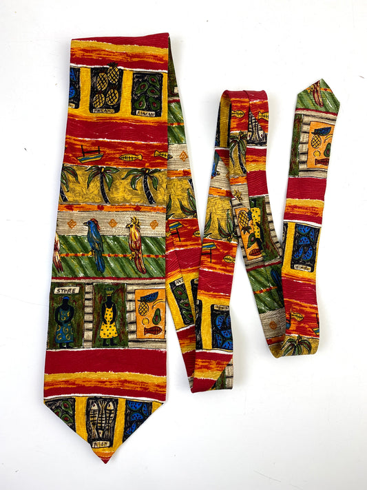90s Deadstock Silk Necktie, Men's Vintage Yellow/ Red Tropical Novelty Pattern Tie, NOS