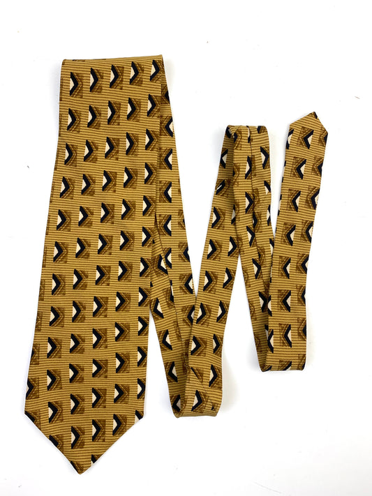 90s Deadstock Silk Necktie, Men's Vintage Gold Geometric Pattern Tie, NOS