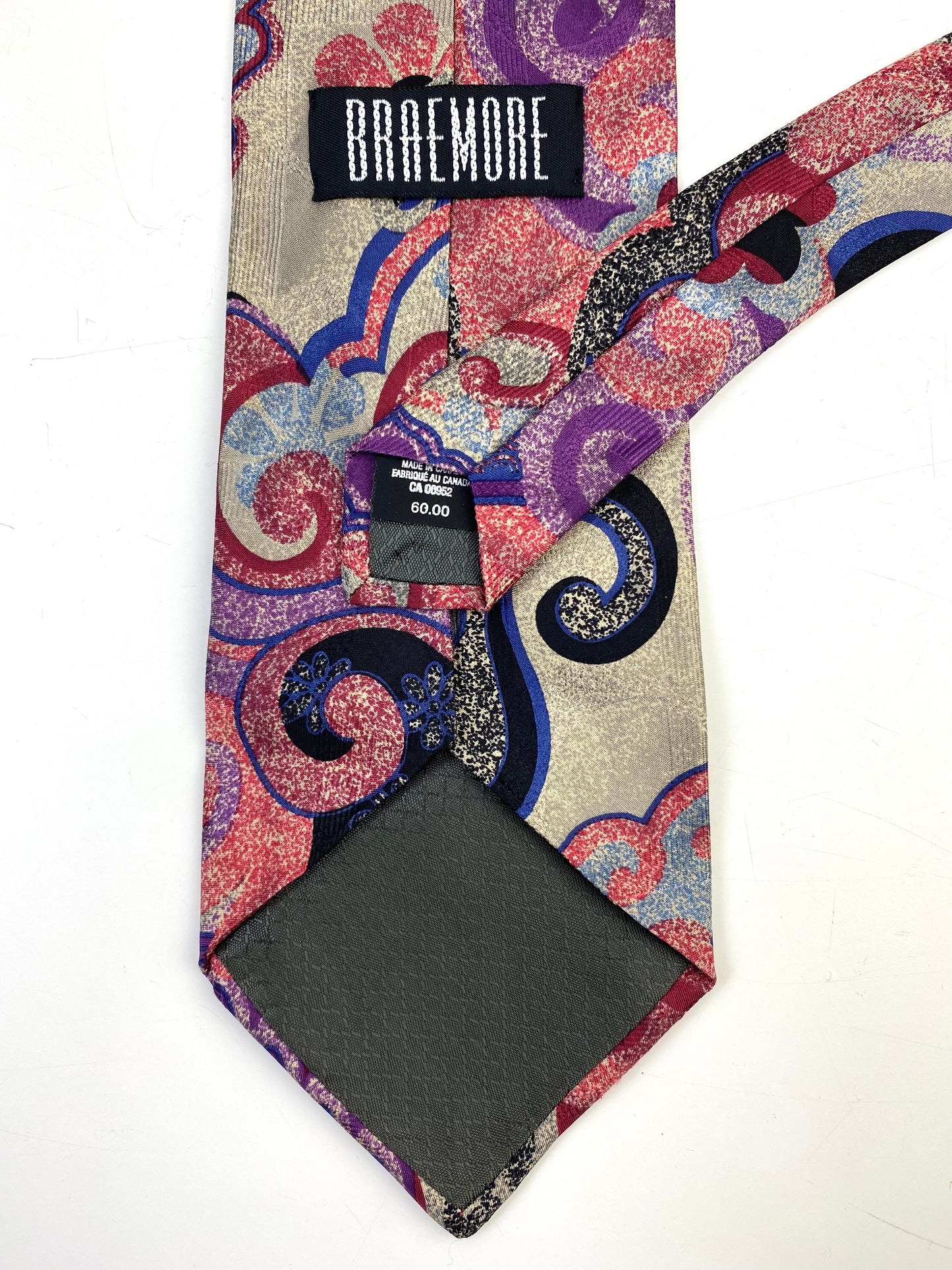 Back and labels of: 90s Deadstock Silk Necktie, Men's Vintage Red/Purple Abstract Pattern Tie, NOS