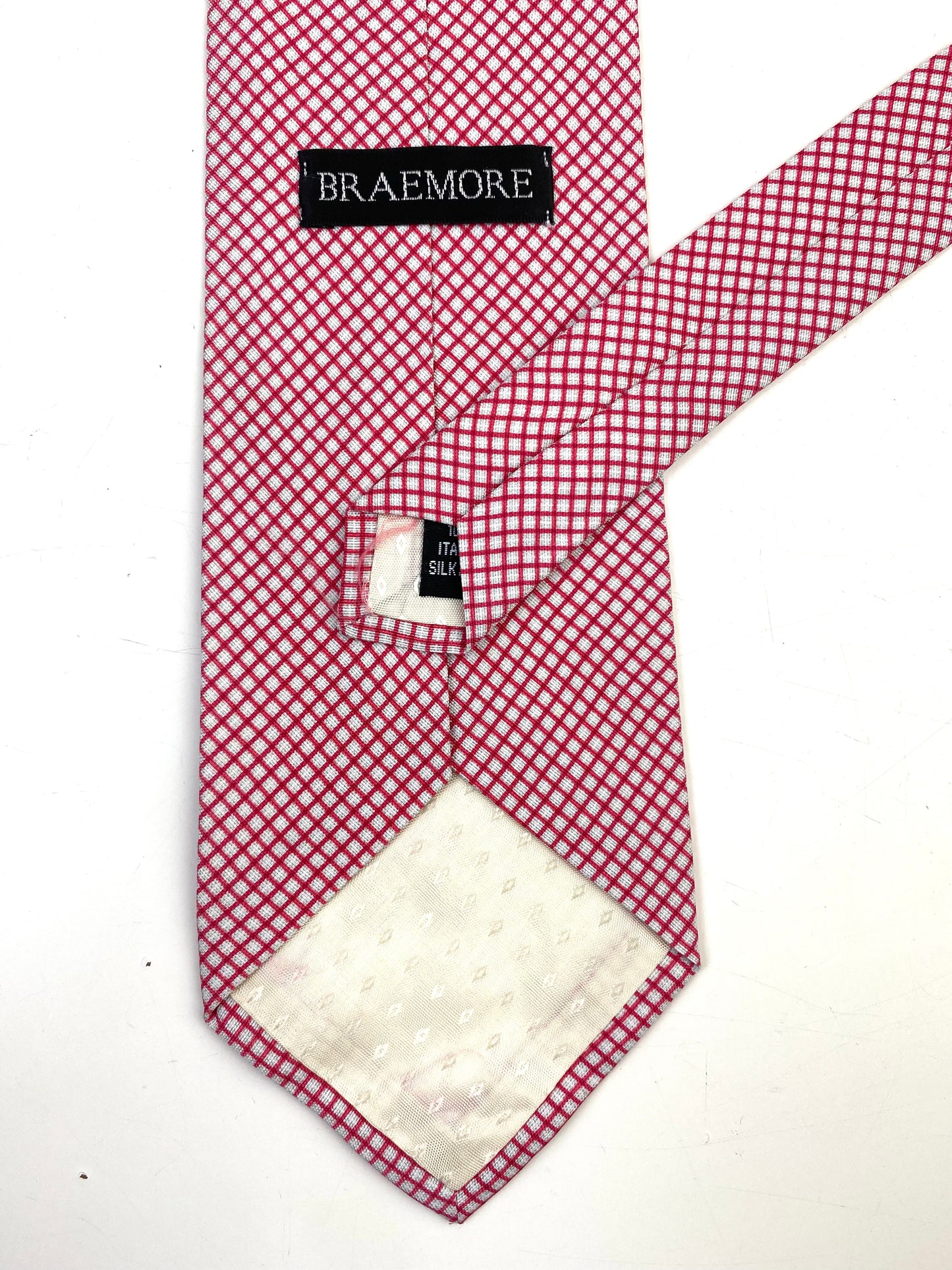 Back and labels of: 90s Deadstock Silk Necktie, Men's Vintage Pink/ White Micro-Check Pattern Tie, NOS