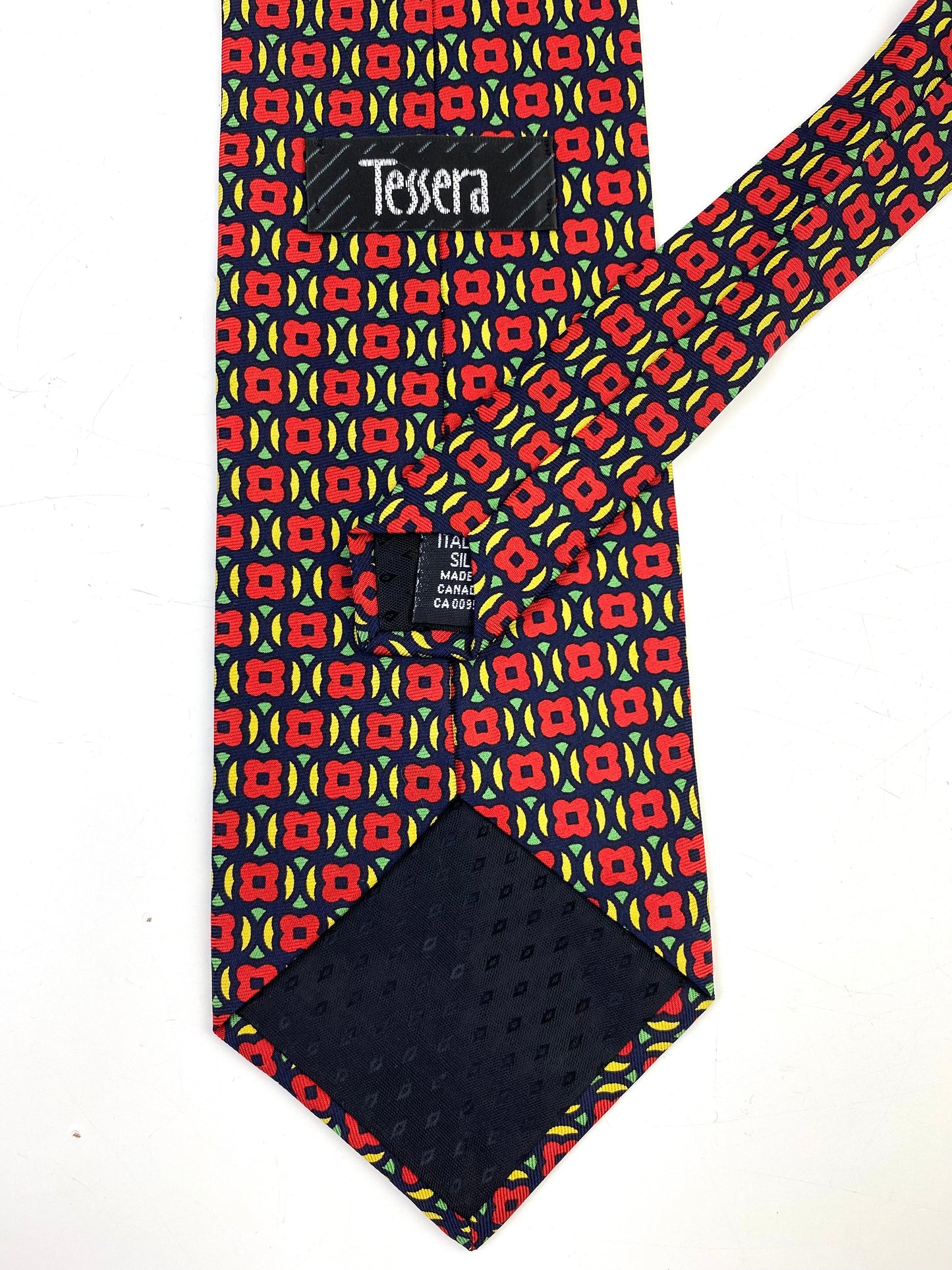 90s Deadstock Silk Necktie, Men's Vintage Red/ Blue Ogee Quatrefoil Pattern Tie, NOS