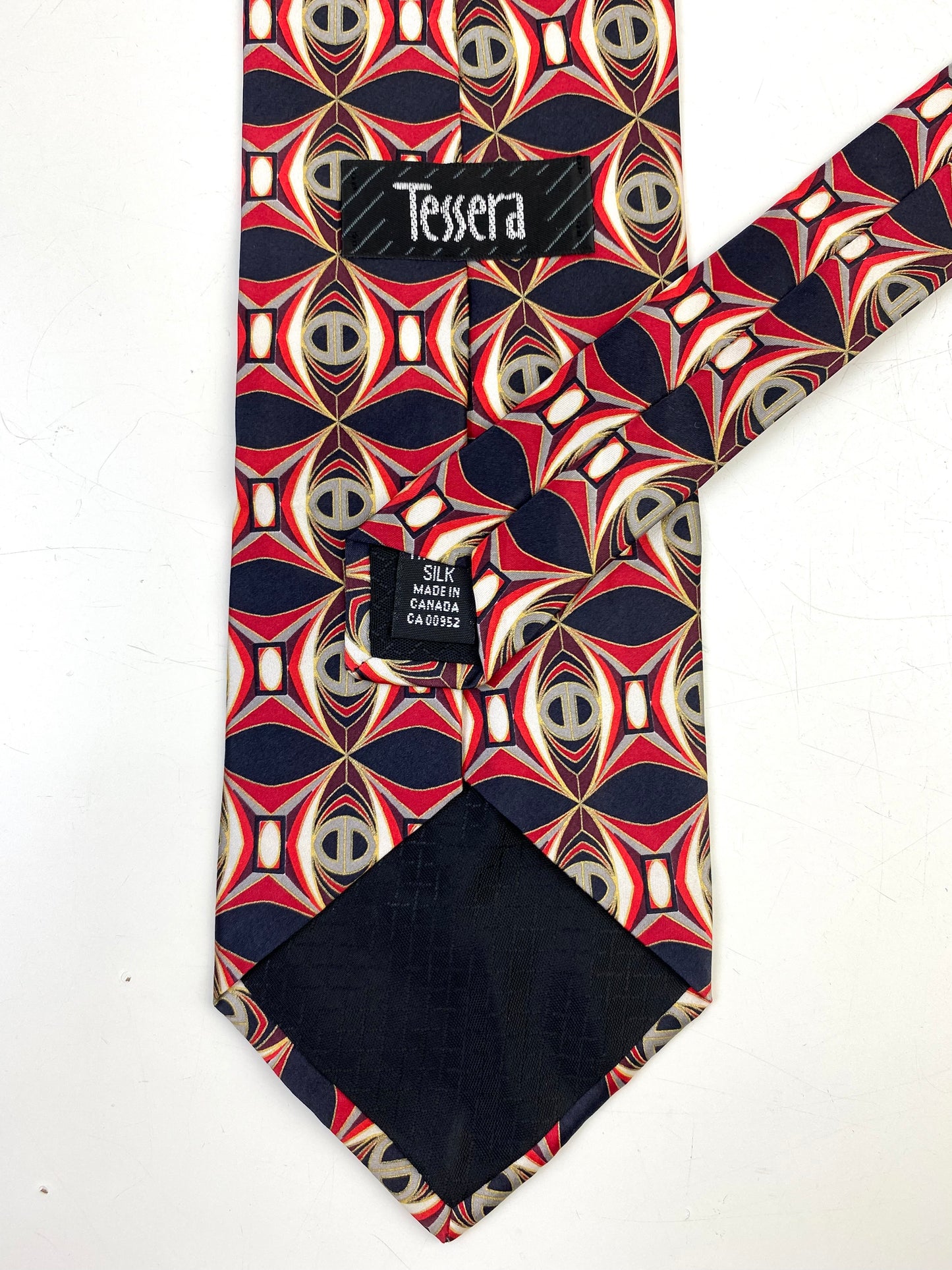 90s Deadstock Silk Necktie, Men's Vintage Red/ Gold Geometric Art Deco Pattern Tie, NOS