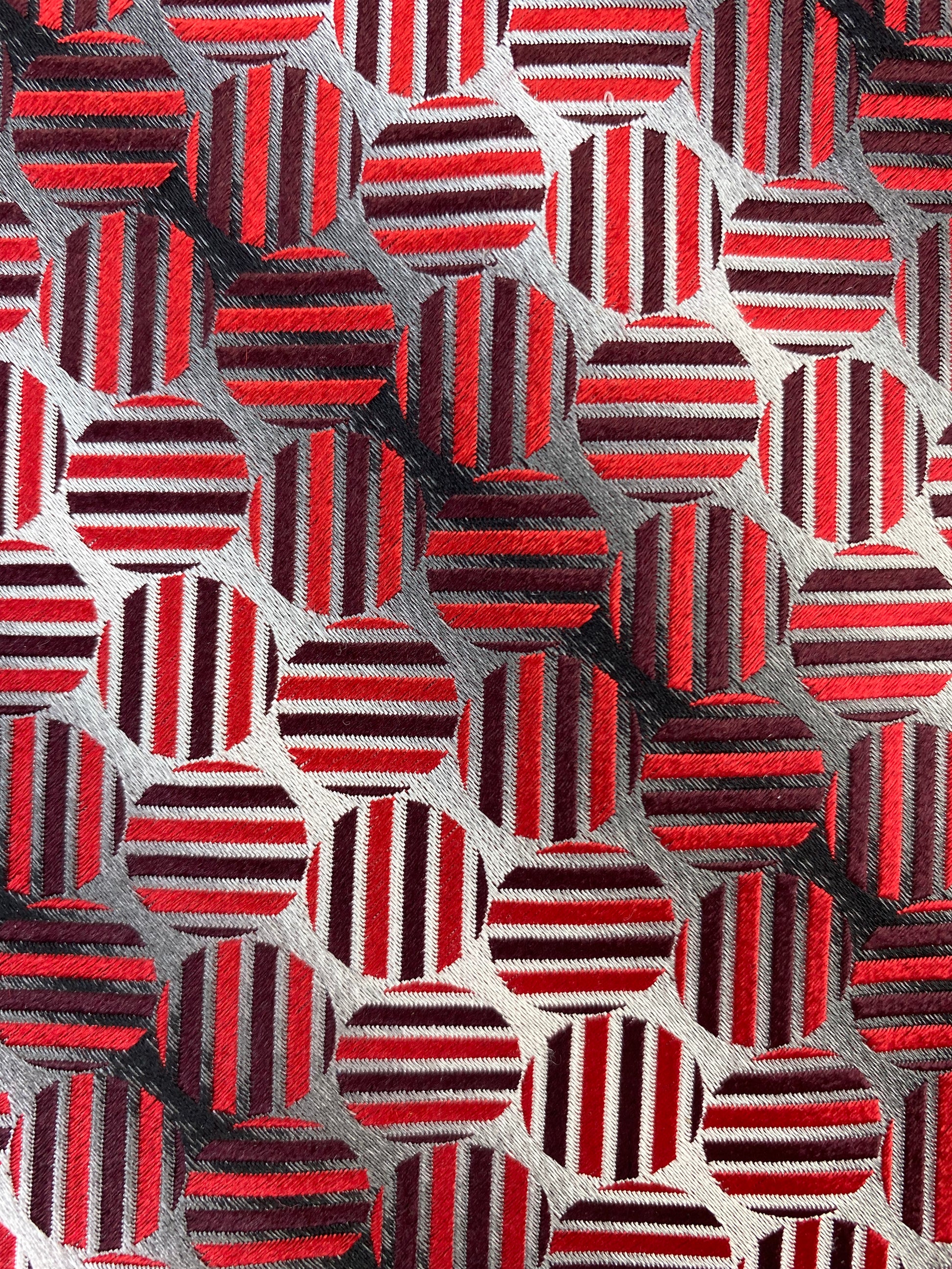 90s Deadstock Silk Necktie, Men's Vintage Red/ Grey Geometric Striped Polka Dot Pattern Tie, NOS