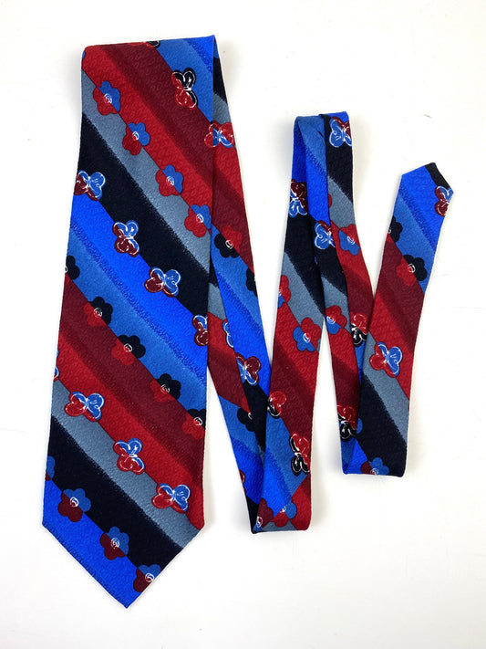 Front of: 90s Deadstock Silk Necktie, Men's Vintage Wine/ Blue/ Black Floral Diagonal Stripe Pattern Tie, NOS