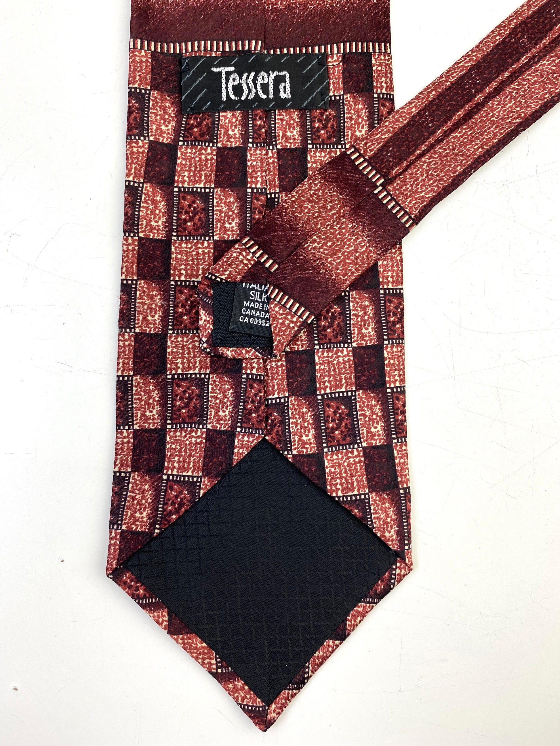Back and labels of: 90s Deadstock Silk Necktie, Men's Vintage Wine Check & Stripe Pattern Tie, NOS