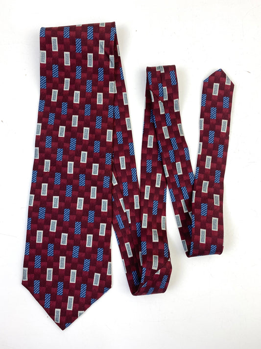 90s Deadstock Silk Necktie, Men's Vintage Wine/ Blue/ Grey Geometric Pattern Tie, NOS