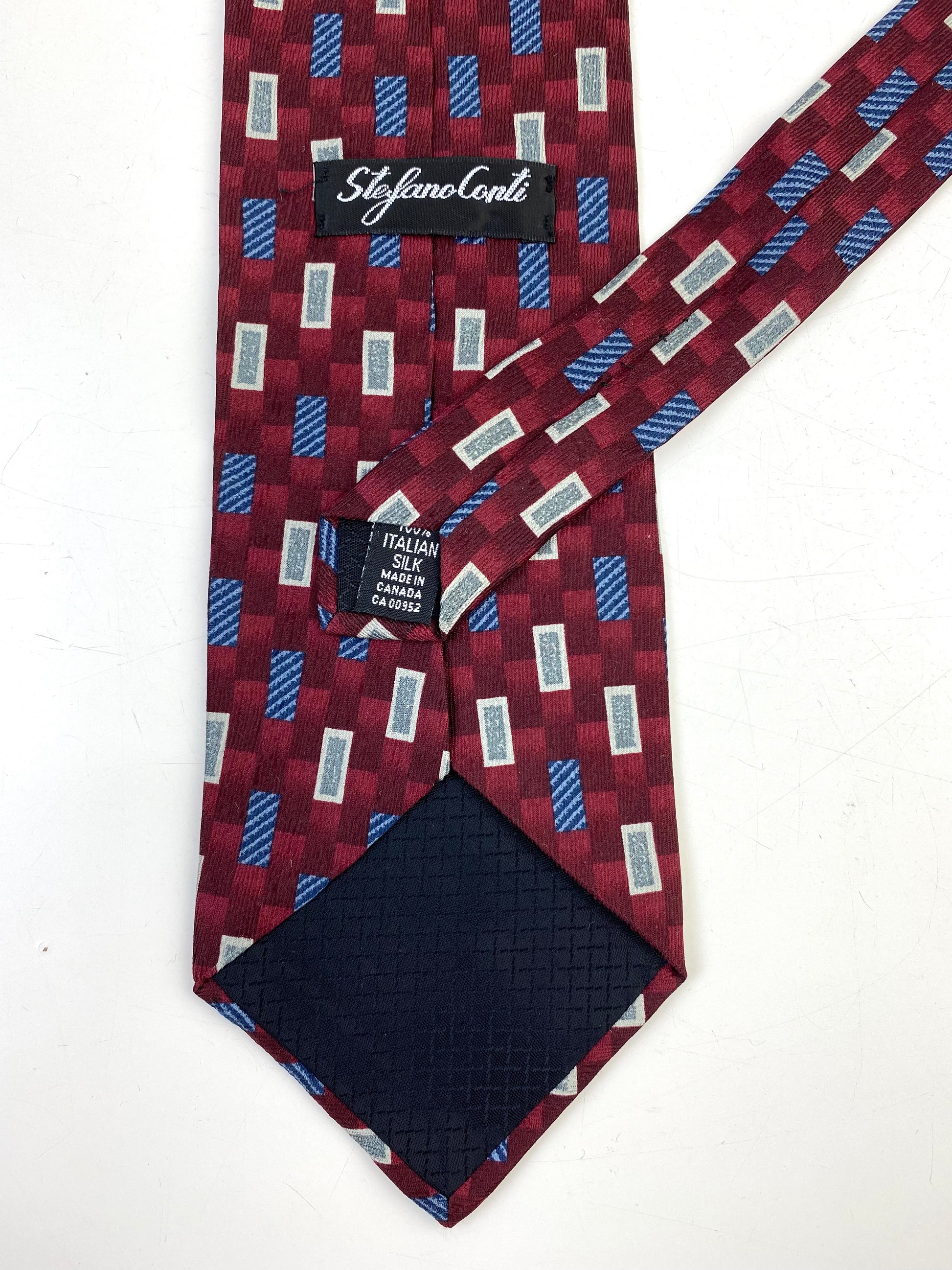 90s Deadstock Silk Necktie, Men's Vintage Wine/ Blue/ Grey Geometric Pattern Tie, NOS