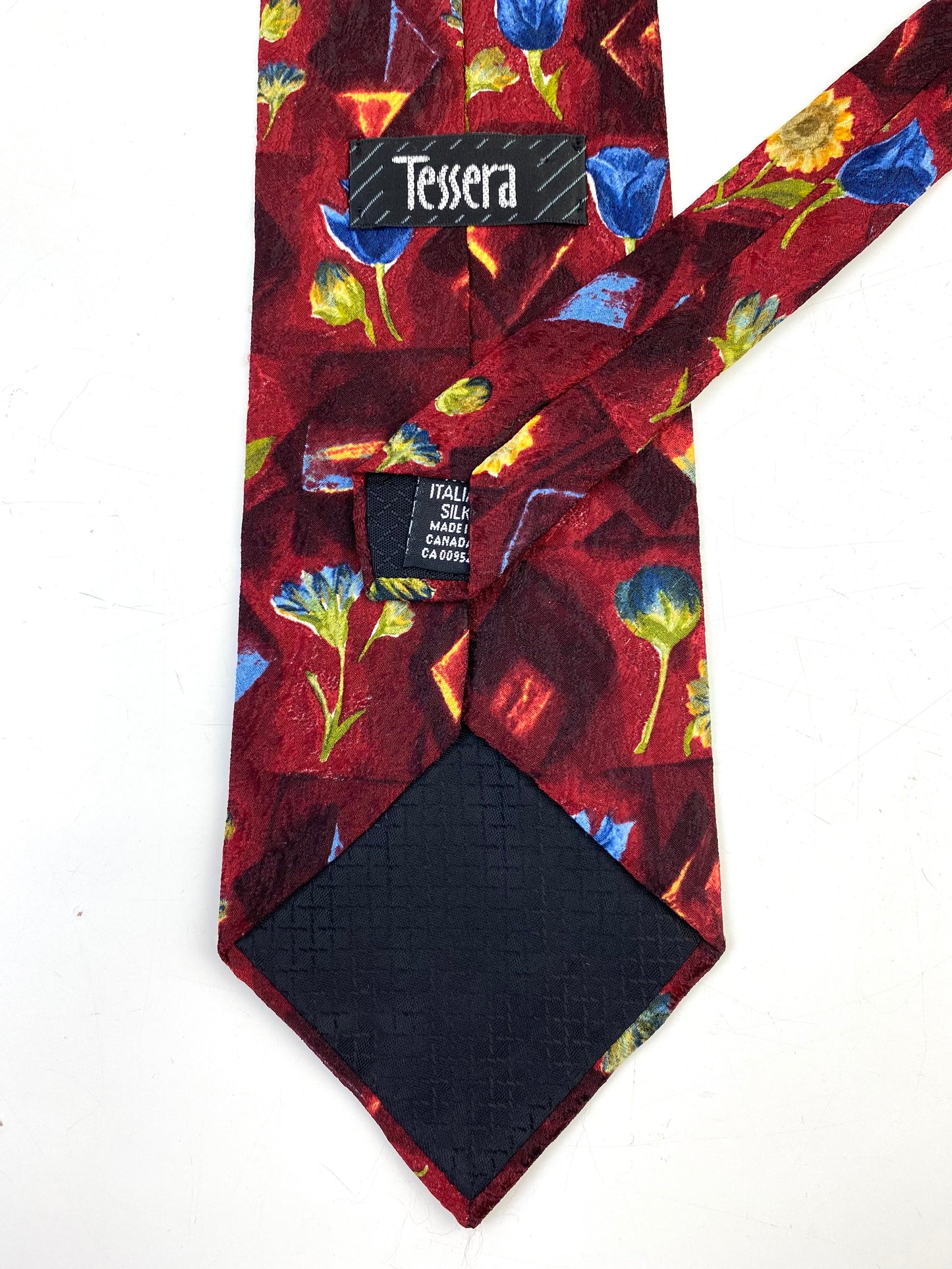 90s Deadstock Silk Necktie, Men's Vintage Wine Sunflower & Tulip Pattern Tie, NOS