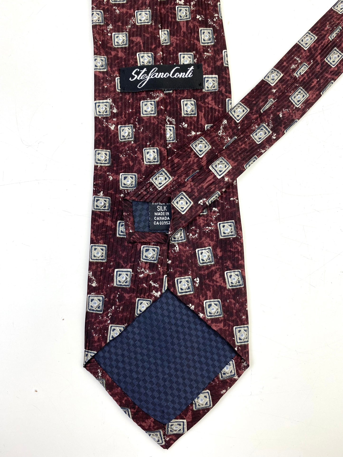 90s Deadstock Silk Necktie, Men's Vintage Brown-Wine Square Tile Pattern Tie, NOS