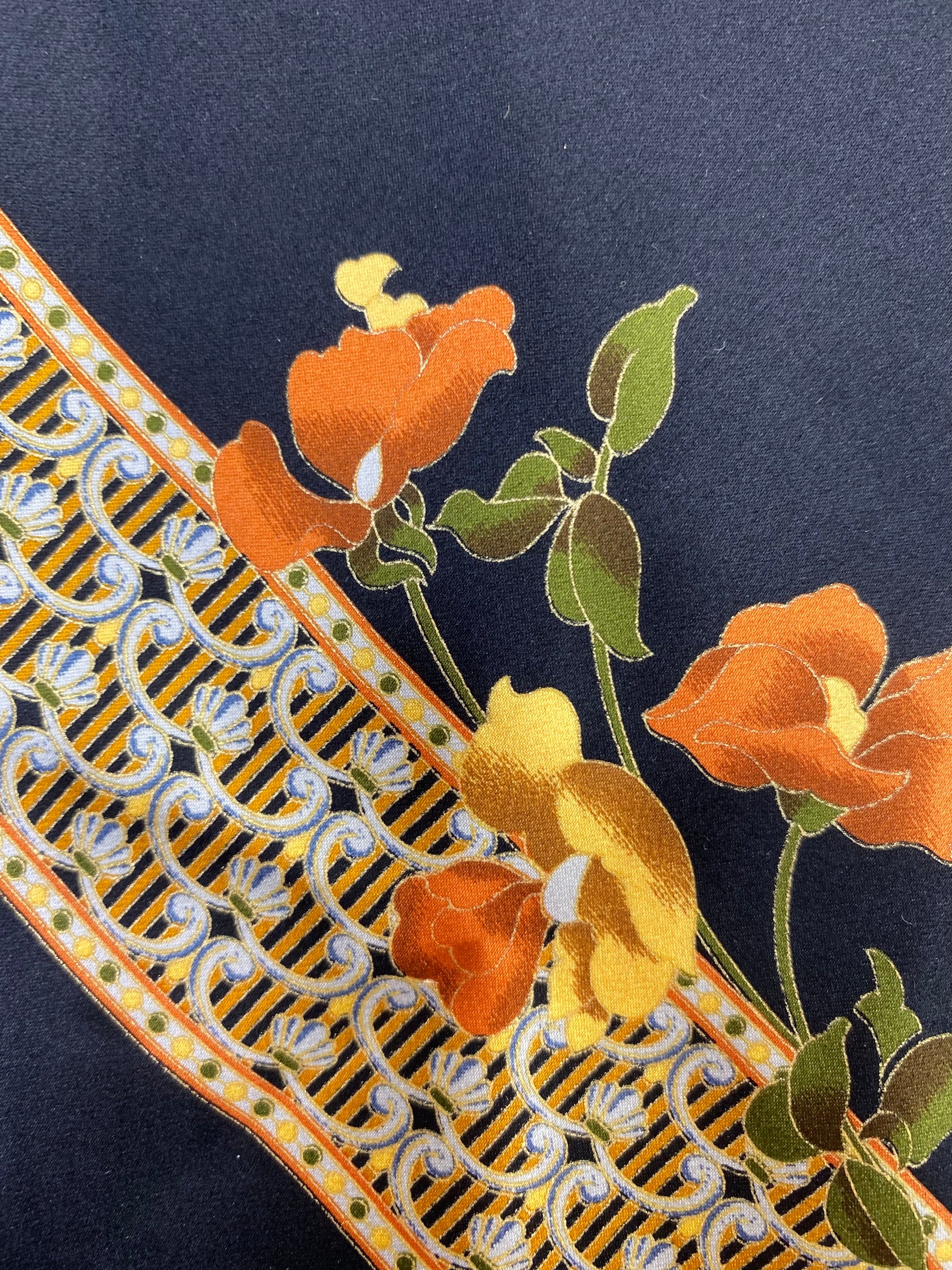 Close-up of: 90s Deadstock Silk Necktie, Men's Vintage Gold/ Orange/ Black Oriental Floral Pattern Tie, NOS