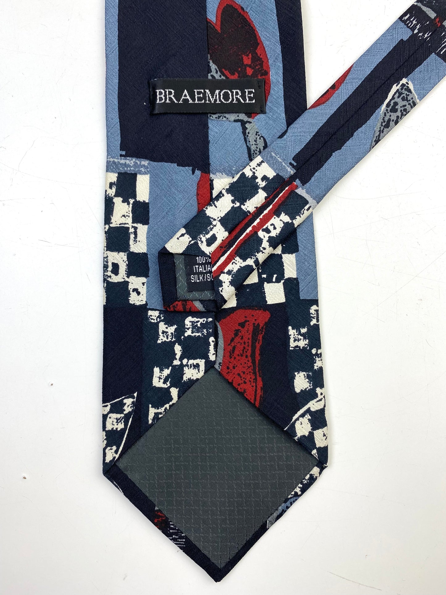 90s Deadstock Silk Necktie, Men's Vintage Wine/ Grey/ White Tulip Check Pattern Tie, NOS