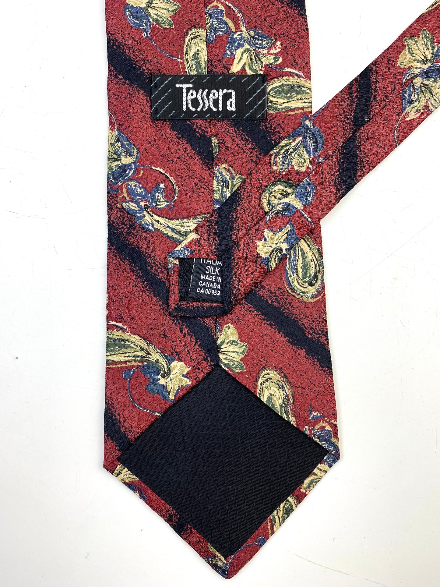 90s Deadstock Silk Necktie, Men's Vintage Wine Diagonal Stripe Paisley Floral Pattern Tie, NOS
