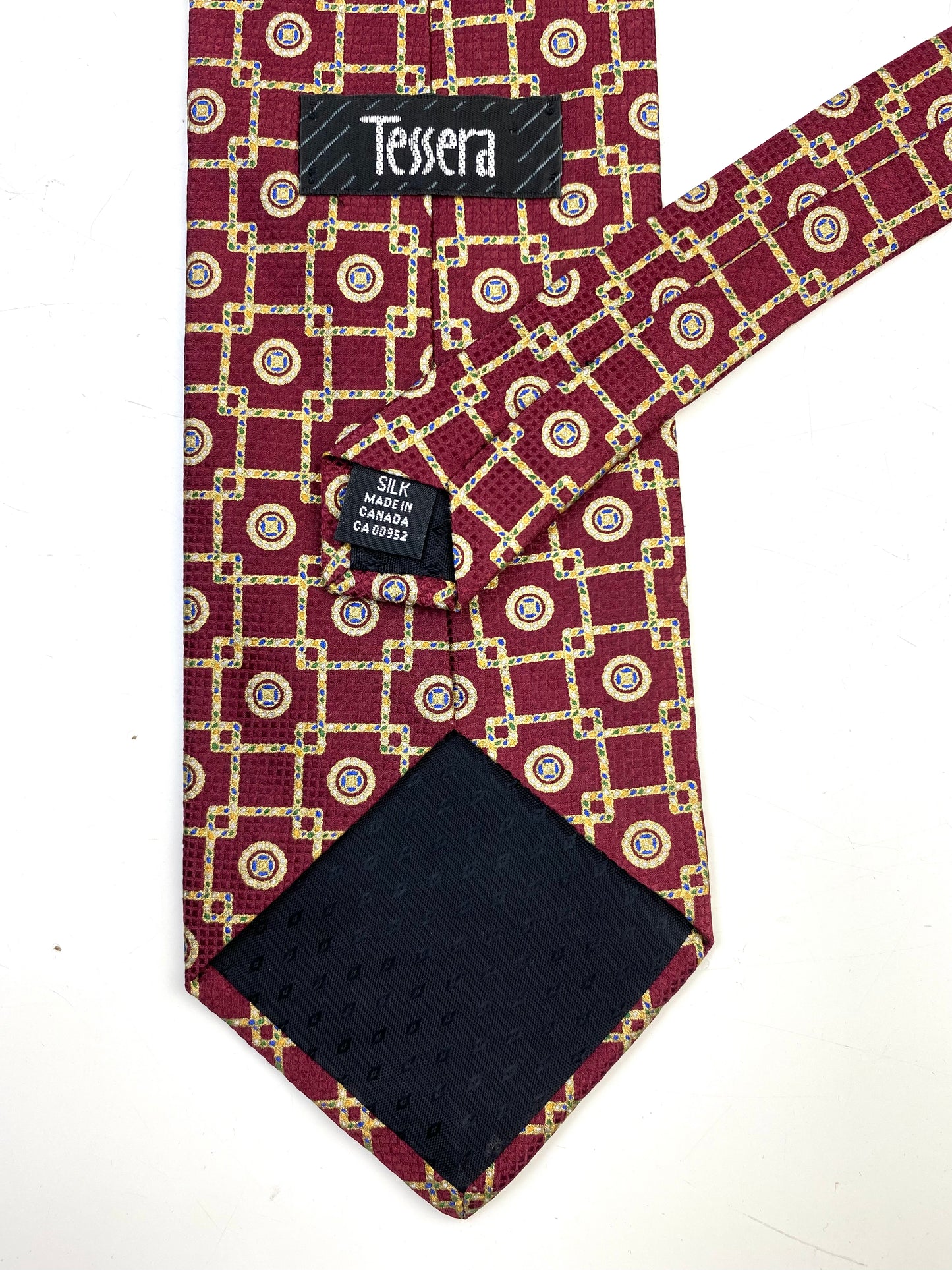 90s Deadstock Silk Necktie, Men's Vintage Wine Geometric Foulard Tie, NOS