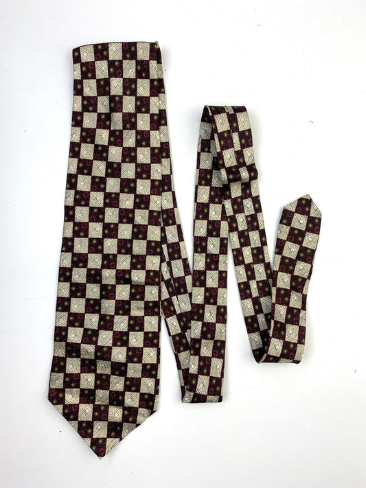 90s Deadstock Silk Necktie, Vintage Wine/ Beige Check Pattern Tie, NOS