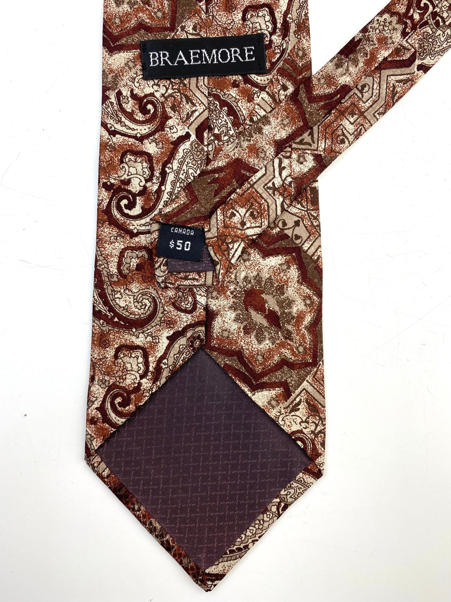90s Deadstock Silk Necktie, Vintage Brown/ Taupe Paisley Pattern Tie, NOS