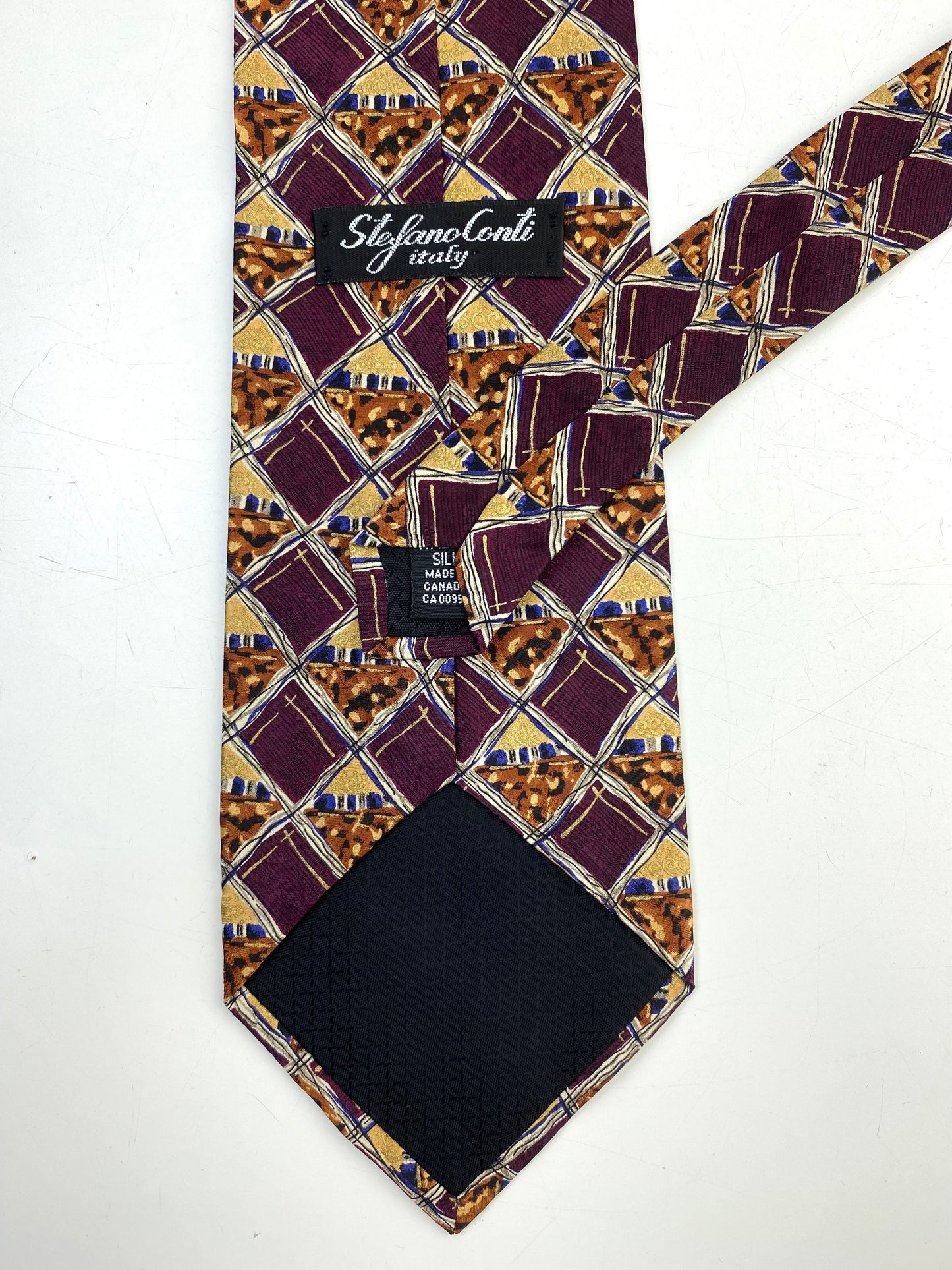 90s Deadstock Silk Necktie, Vintage Plum/ Gold Check Pattern Tie, NOS