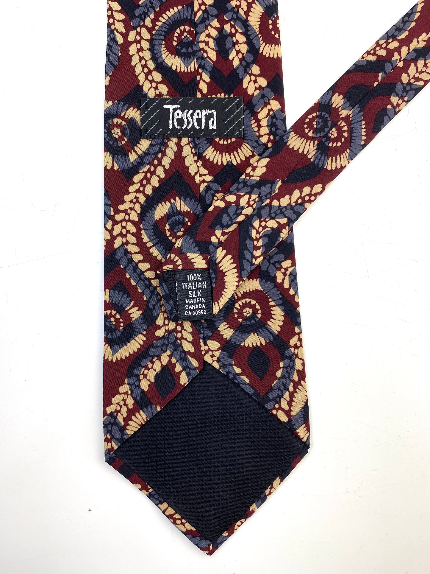 90s Deadstock Silk Necktie, Vintage Wine Blue Abstract Pattern Tie, NOS