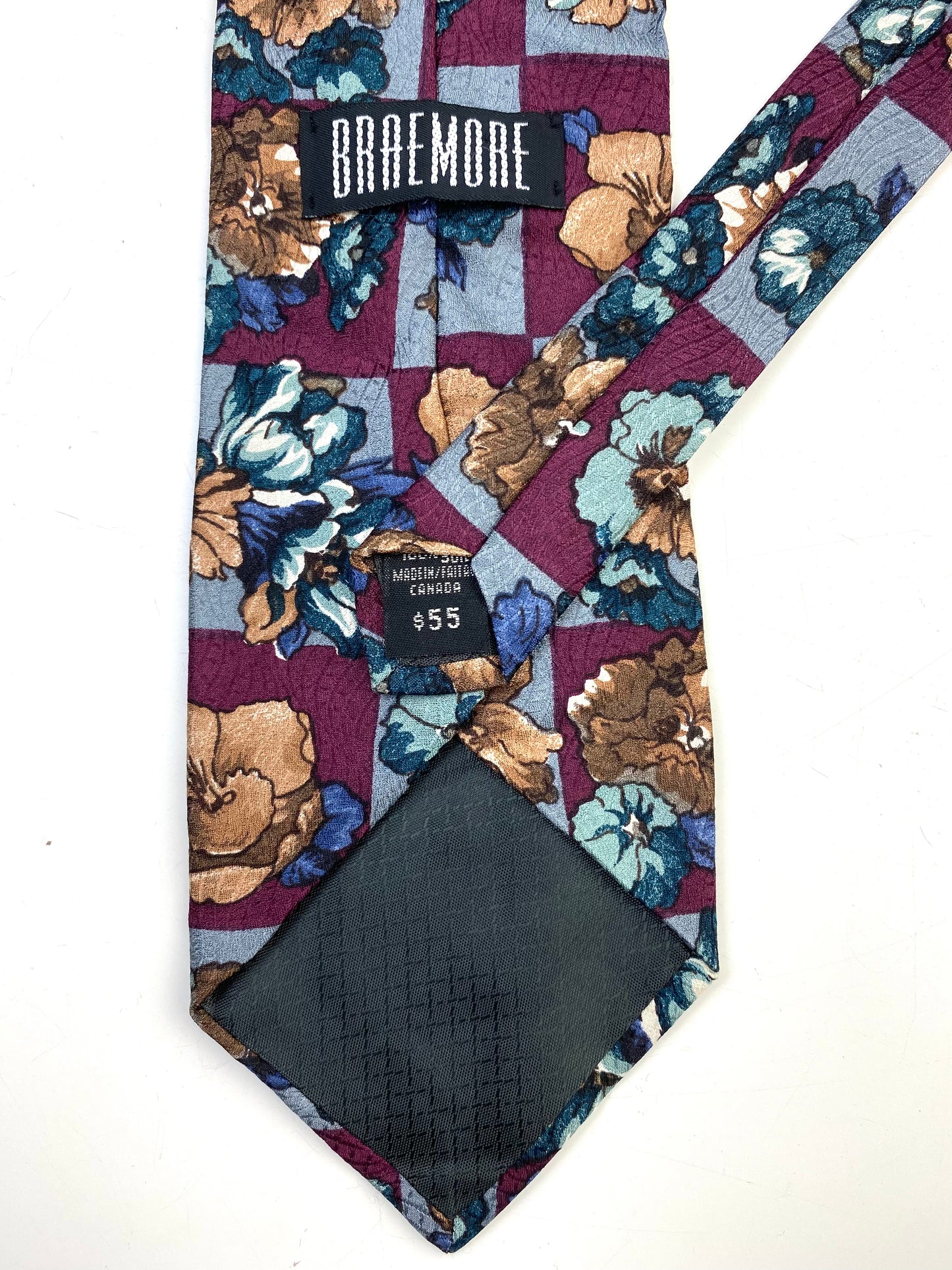 90s Deadstock Silk Necktie, Vintage Plum/ Blue Floral Pattern Tie, NOS