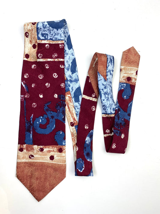 90s Deadstock Silk Necktie, Vintage Wine/ Blue/ Copper Abstract Pattern Tie, NOS