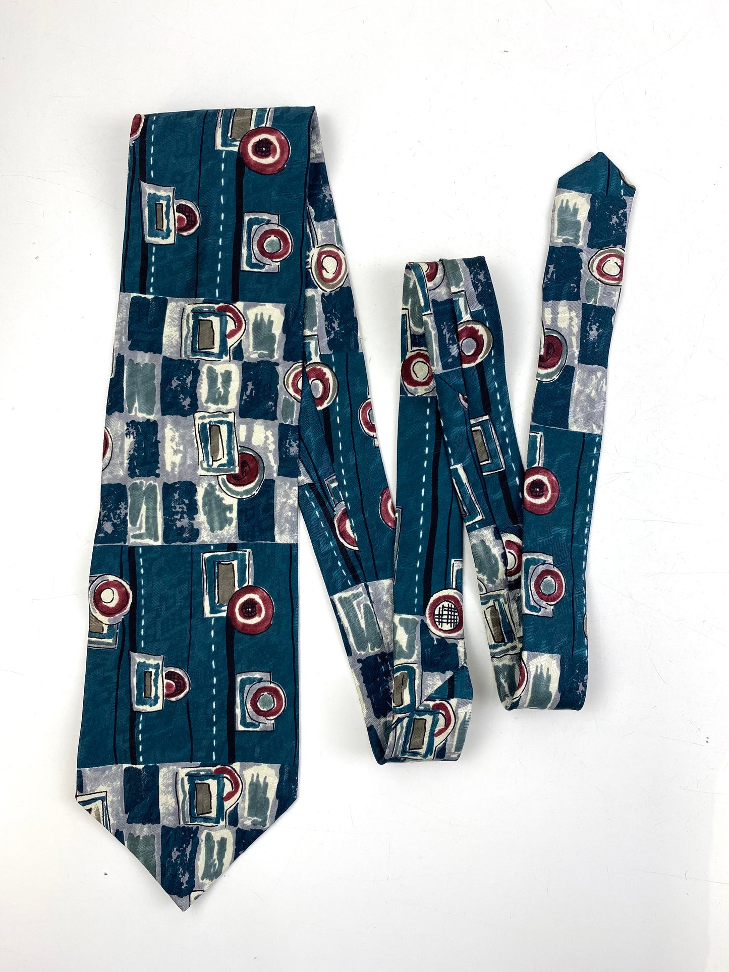 Front of: 90s Deadstock Silk Necktie, Men's Vintage Teal/ Wine Geometric Pattern Tie, NOS