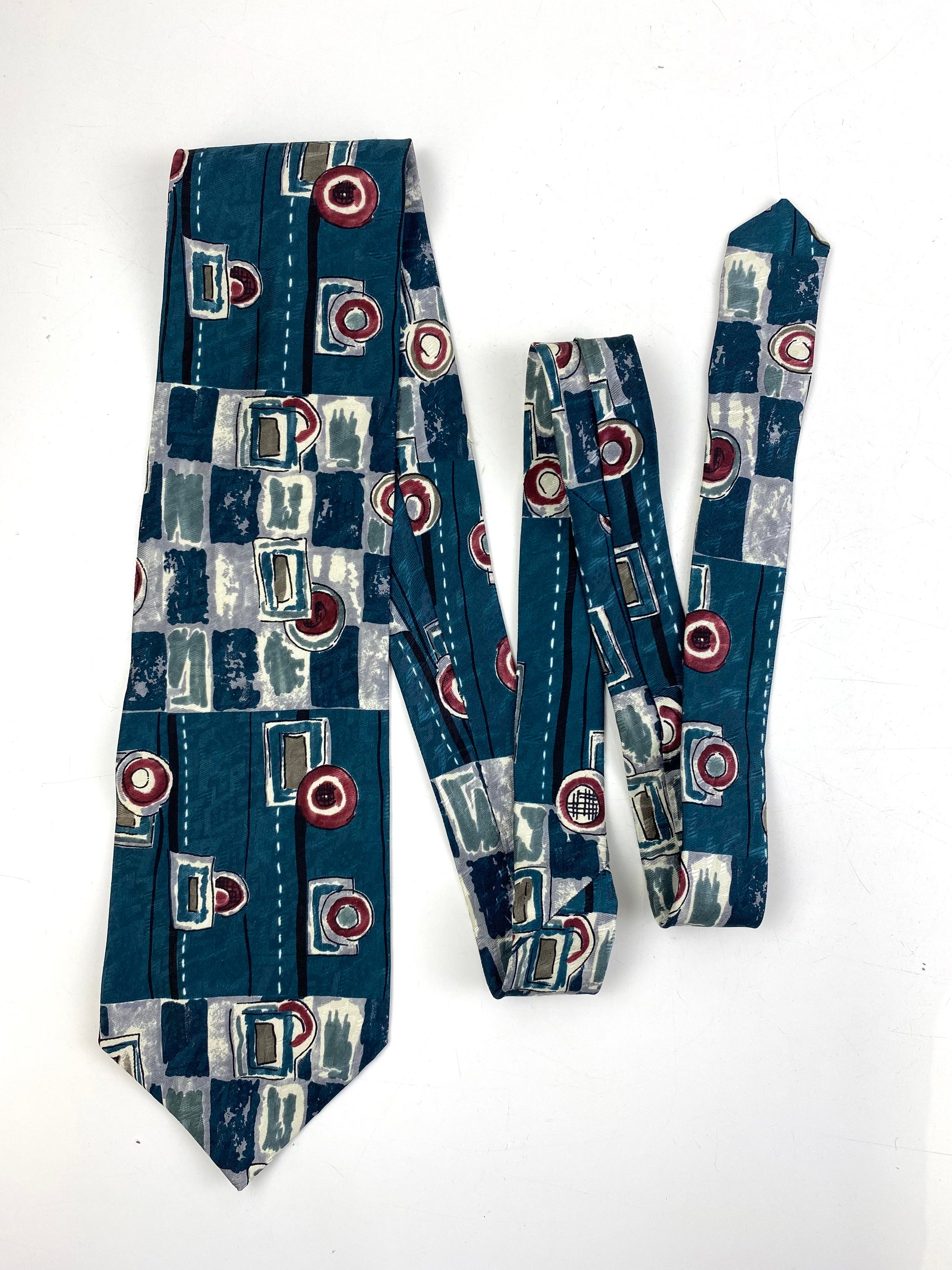 Front of: 90s Deadstock Silk Necktie, Men's Vintage Teal/ Wine Geometric Pattern Tie, NOS
