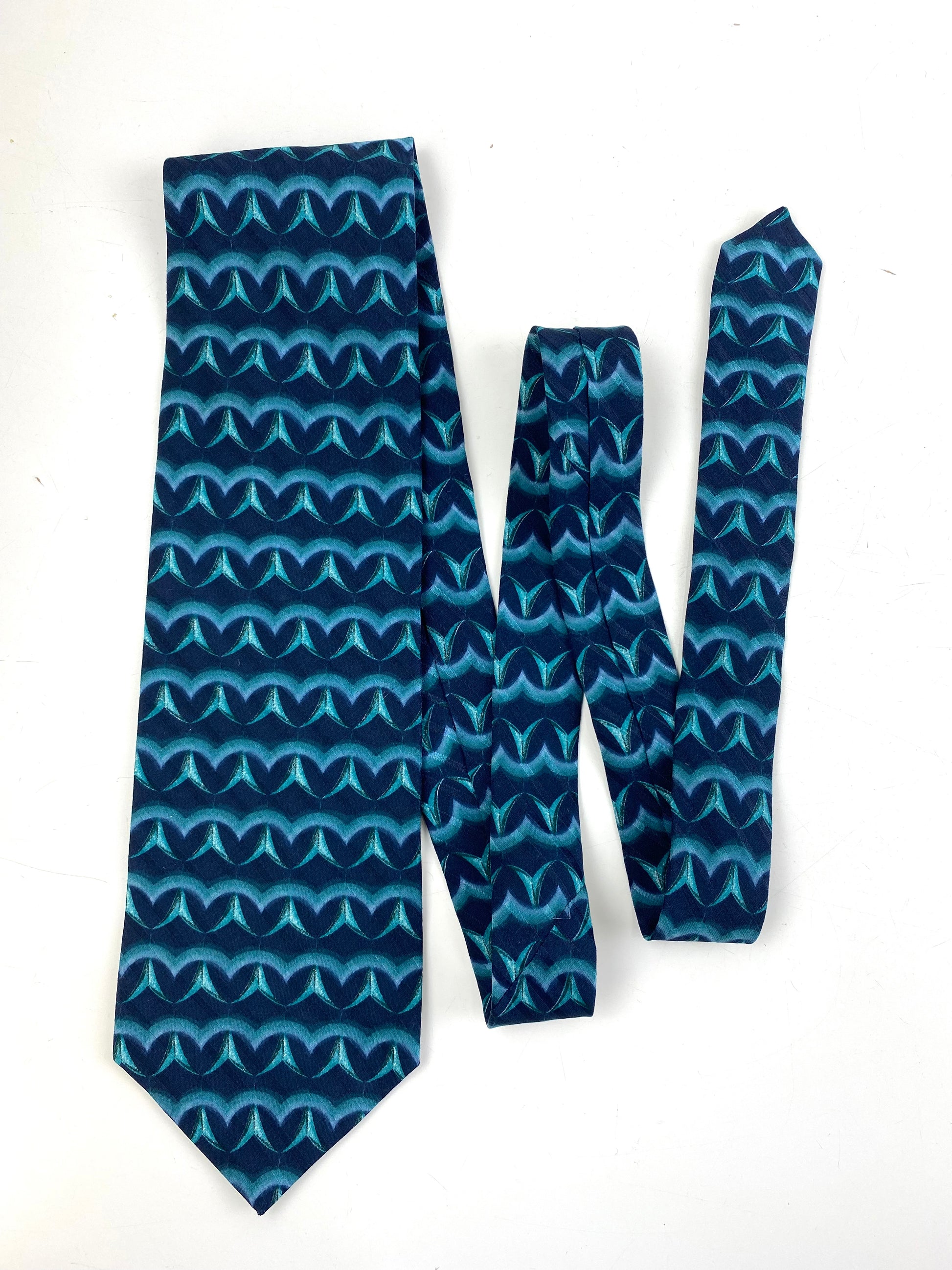 Front of: 90s Deadstock Silk Necktie, Men's Vintage Teal Blue Abstract Pattern Tie, NOS