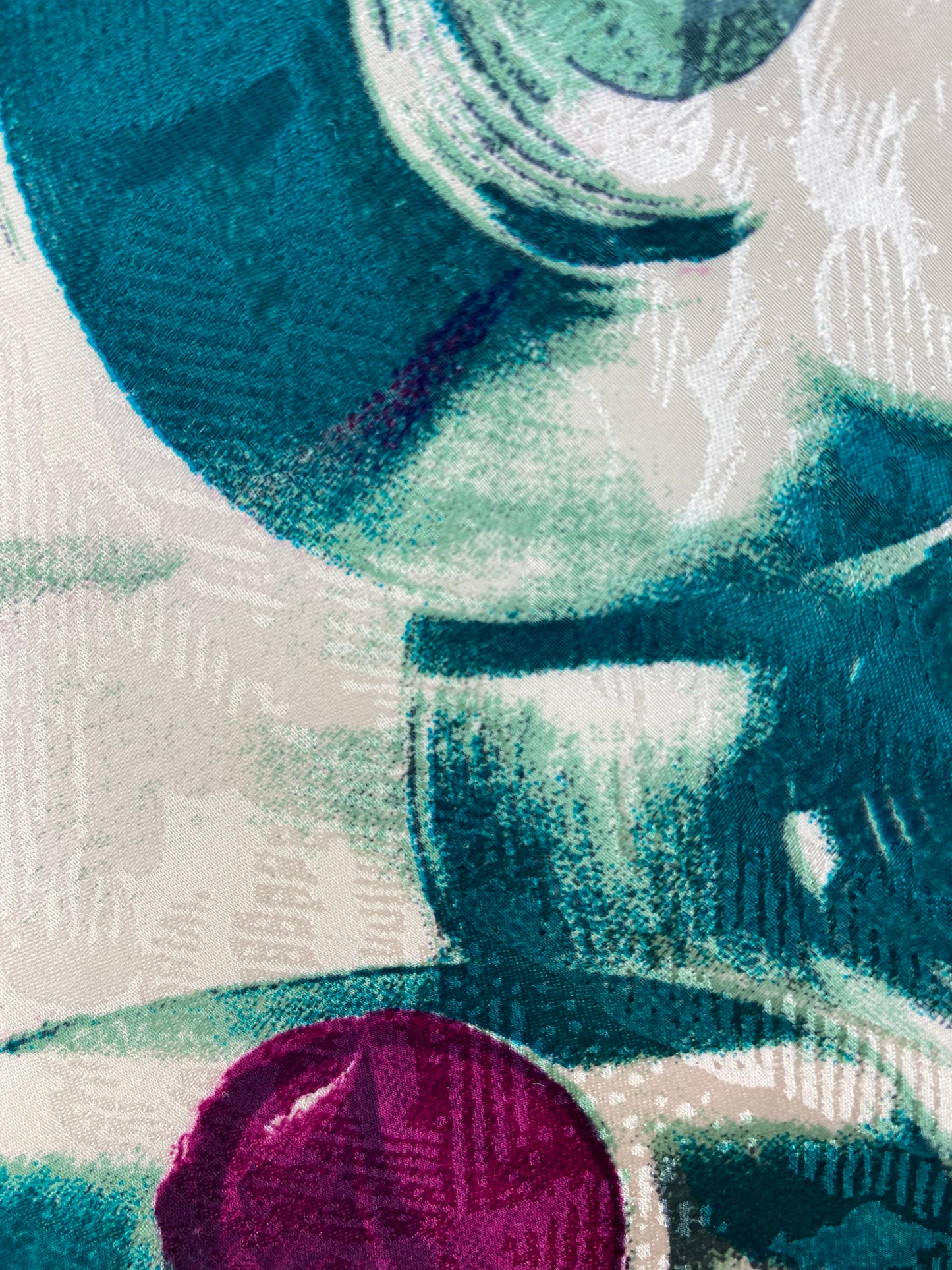 Close-up of: 90s Deadstock Silk Necktie, Men's Vintage Teal/ White/ Purple Abstract Pattern Tie, NOS