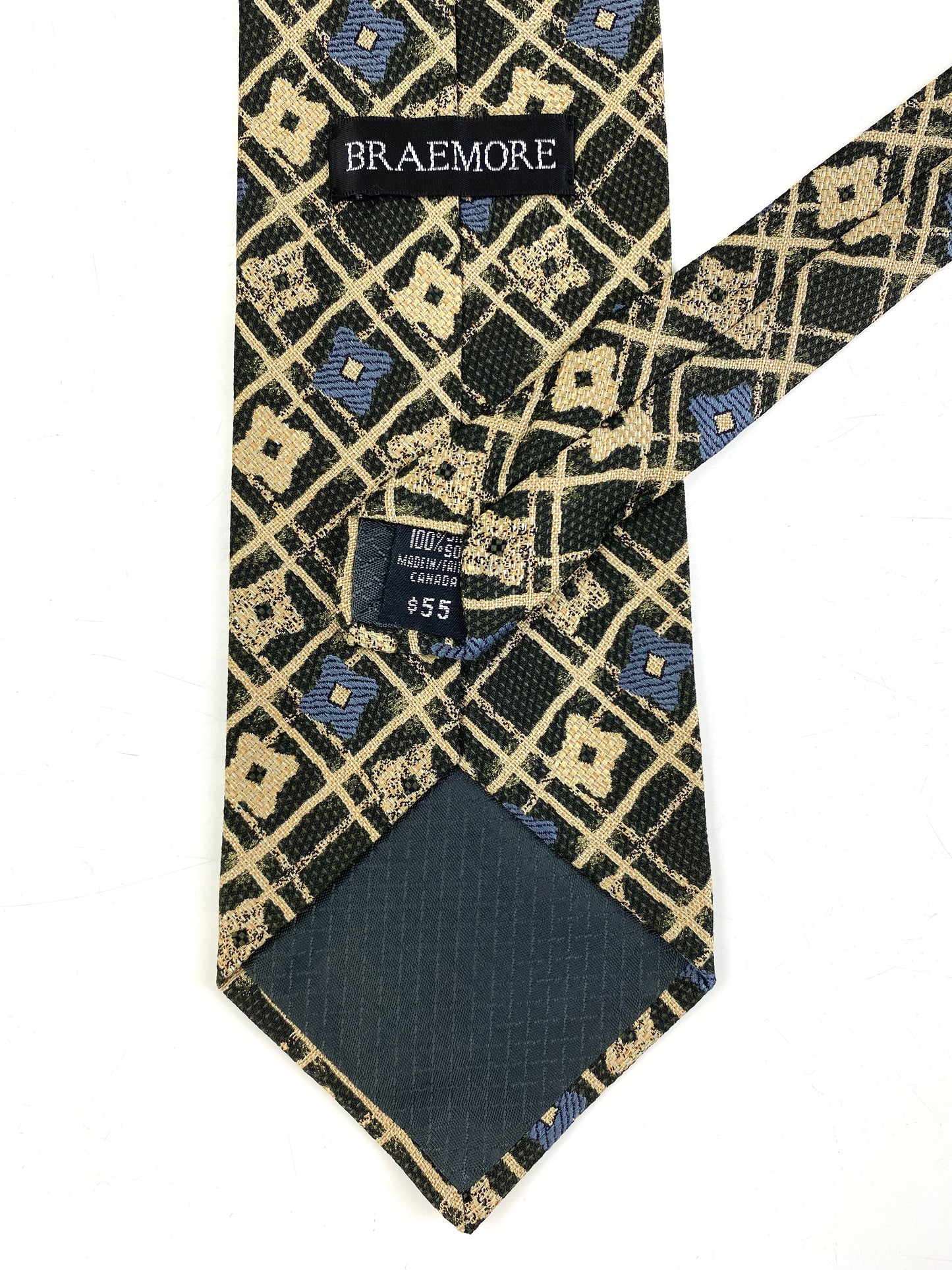 Back and labels of: 90s Deadstock Silk Necktie, Men's Vintage Green/ Blue Floral Check Pattern Tie, NOS