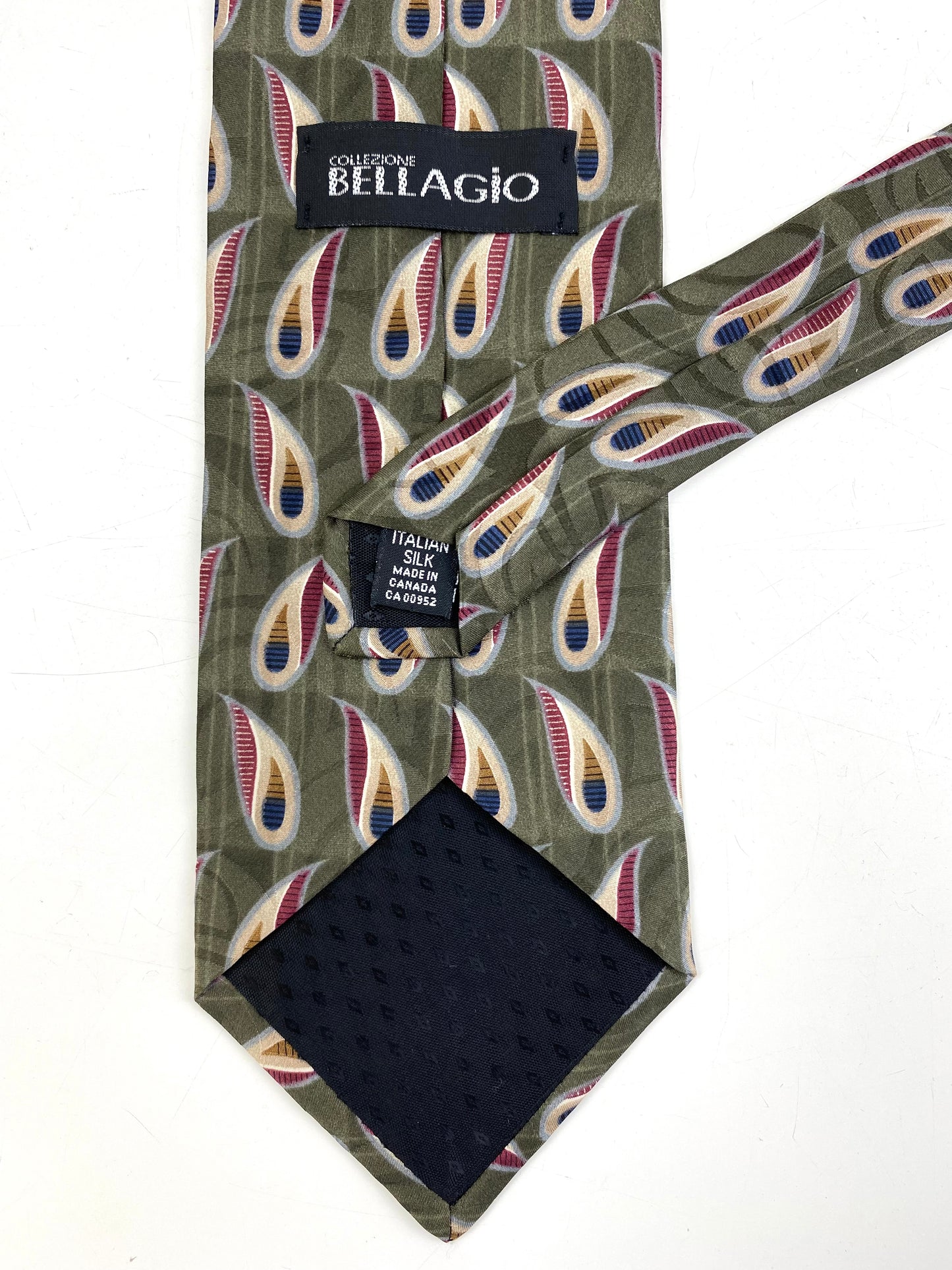 Back and labels of: 90s Deadstock Silk Necktie, Men's Vintage Green Boteh Paisley Pattern Tie, NOS