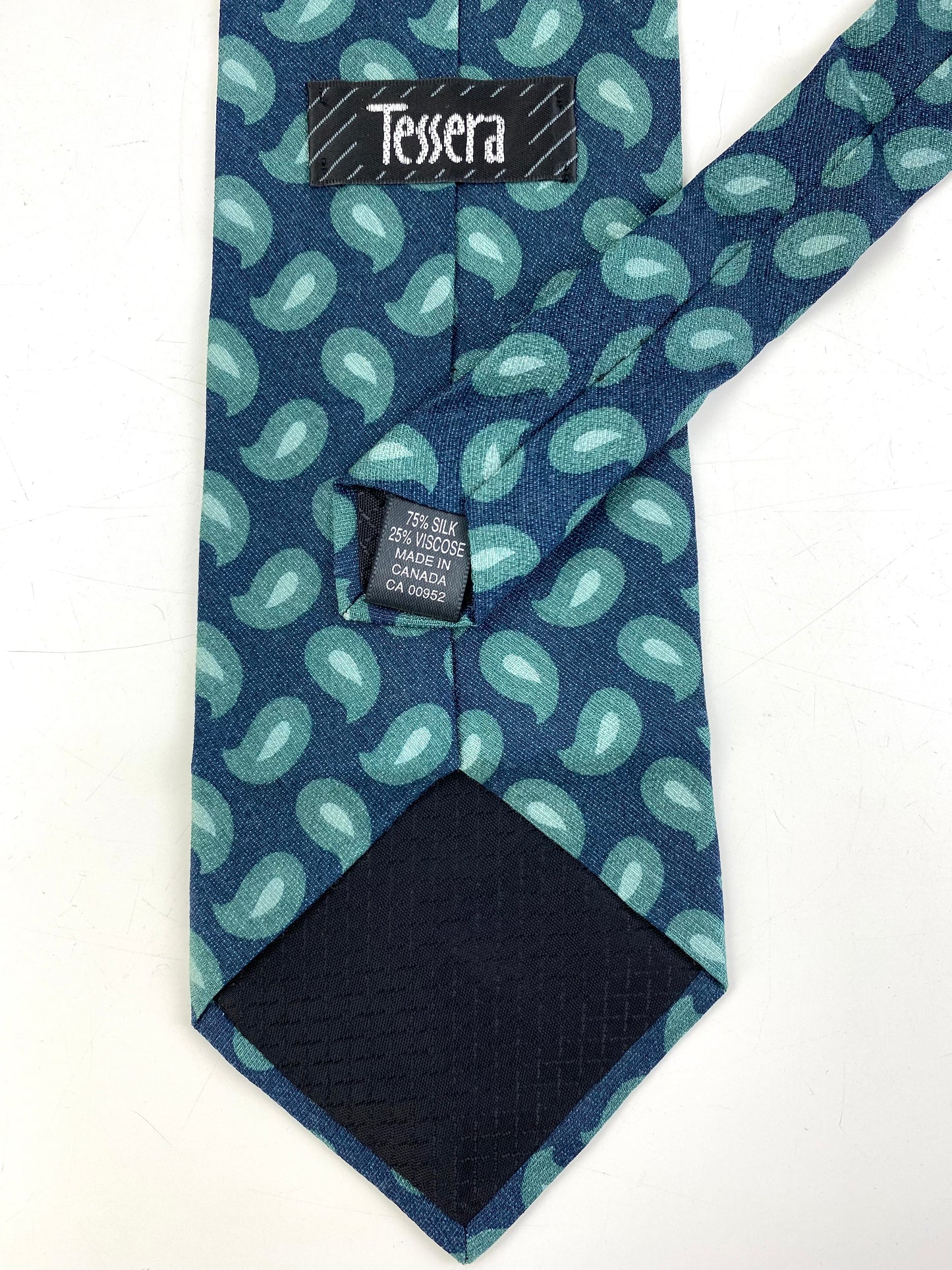 Back and labels of: 90s Deadstock Silk Necktie, Men's Vintage Green/Blue Boteh Paisley Pattern Tie, NOS