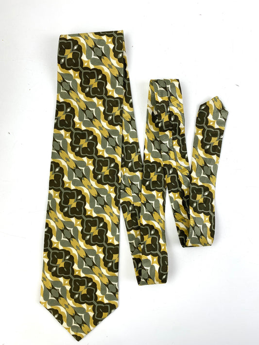 Front of: 90s Deadstock Silk Necktie, Men's Vintage Green/ Yellow Abstract Pattern Tie, NOS