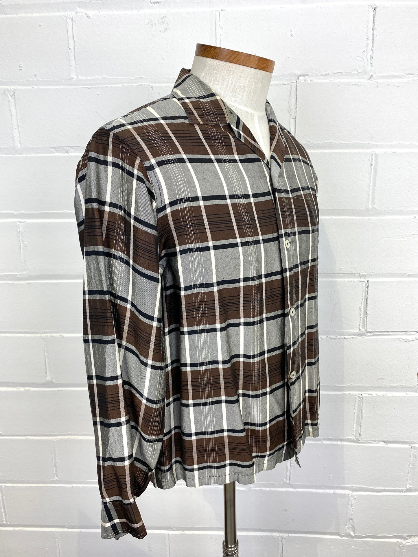 Vintage 1950s Penney's Towncraft Men's Brown Rayon Plaid Loop Collar Shirt, 15.5