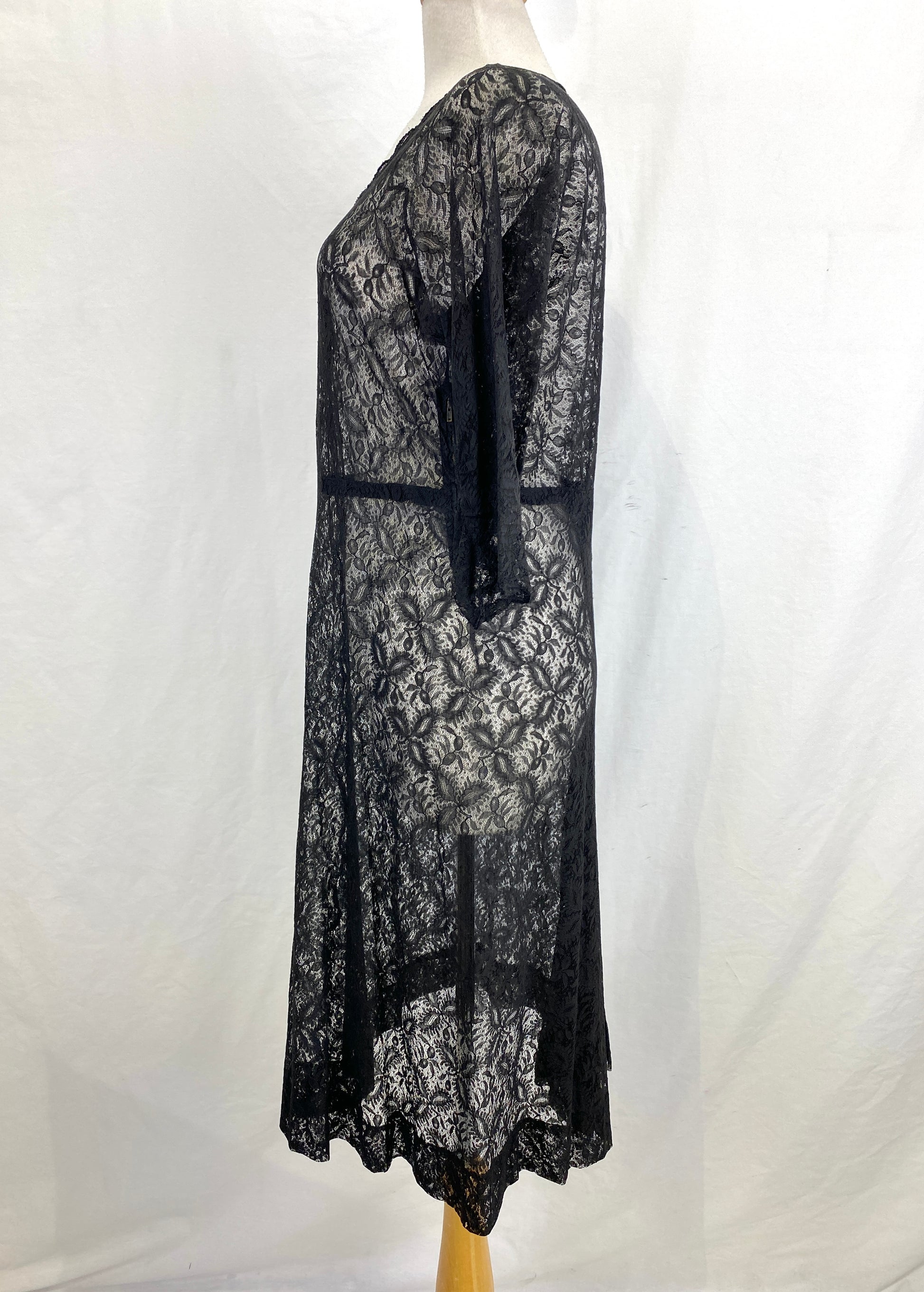 Left side view of black lace 60s dress. Ian Drummond Vintage. 