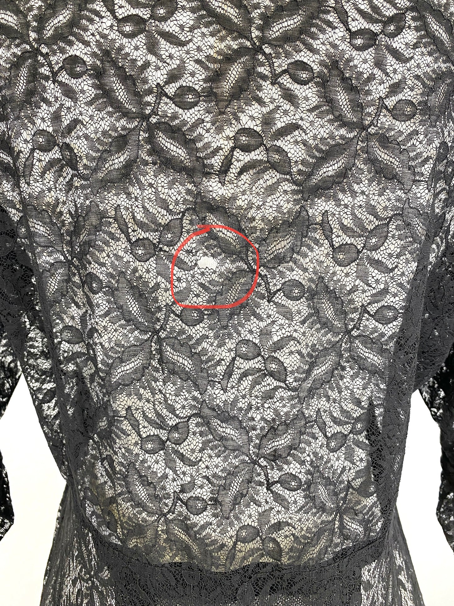 Condition issue: hole on back of 1960s lace dress. Ian Drummond Vintage.