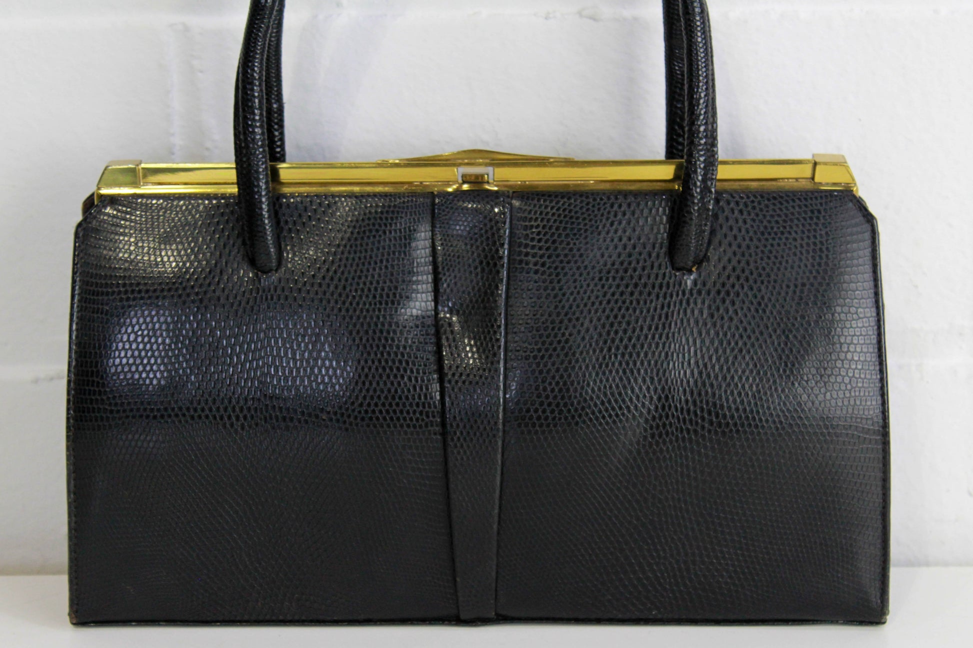 1960s Simpson's Black Leather Handbag Large Top Handle Purse Mid Century
