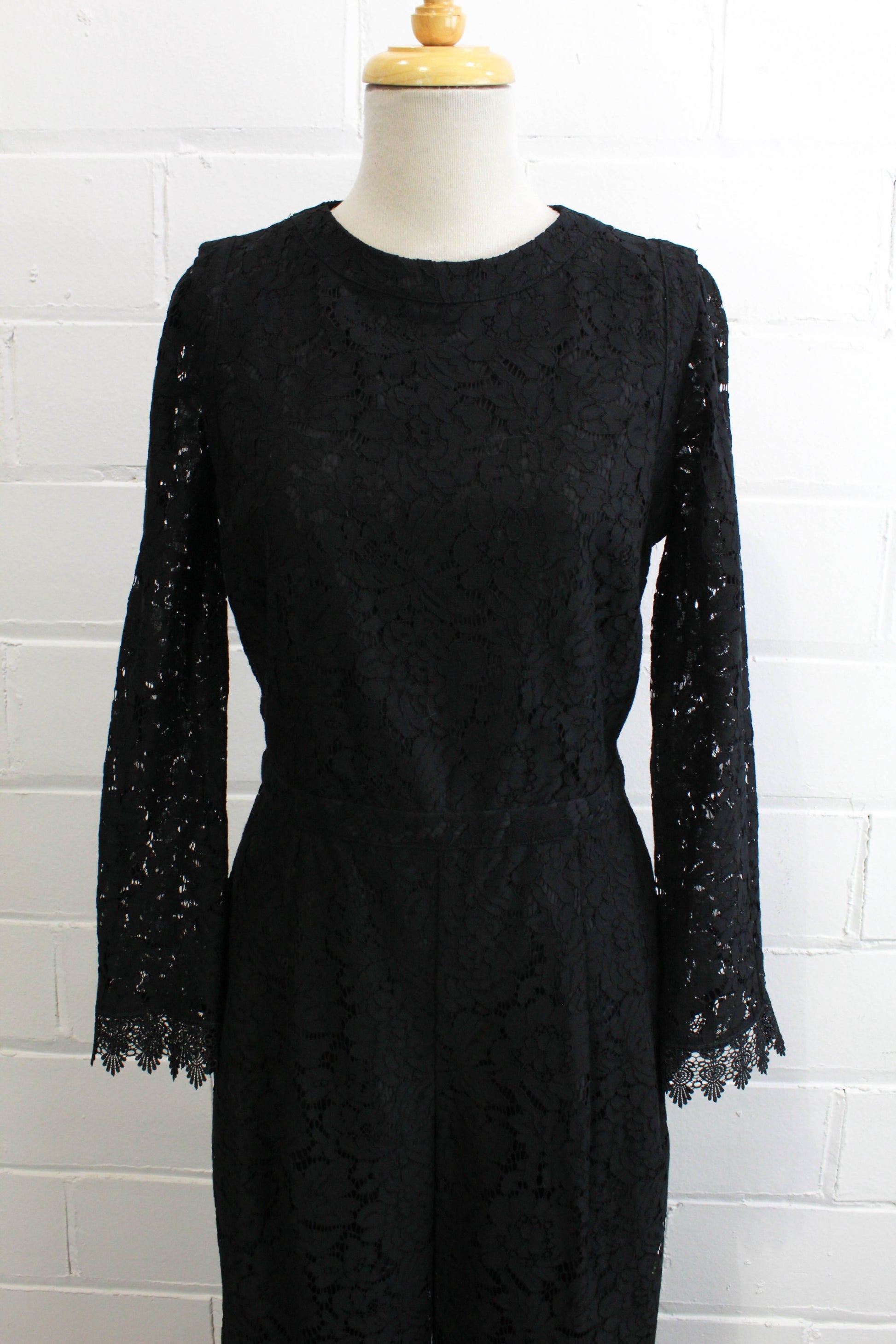 black lace jumpsuit party holiday outfit sheer lace sleeves, front close up