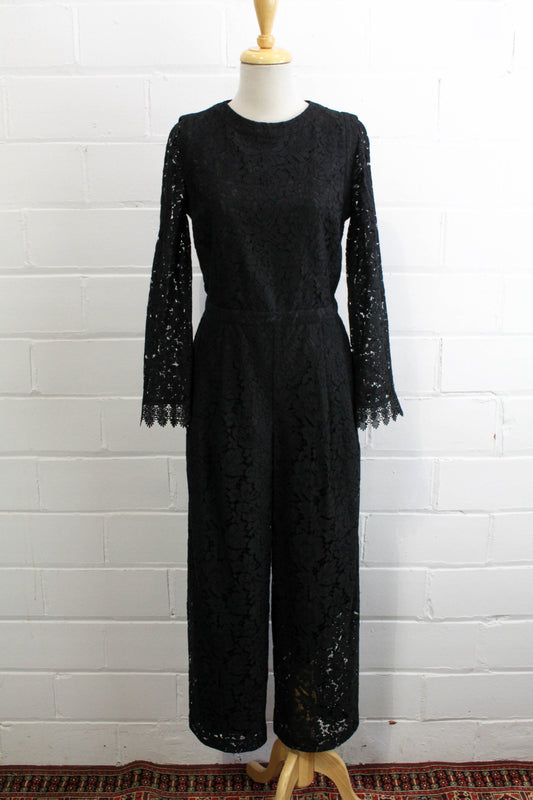black lace jumpsuit party holiday outfit sheer lace sleeves, front