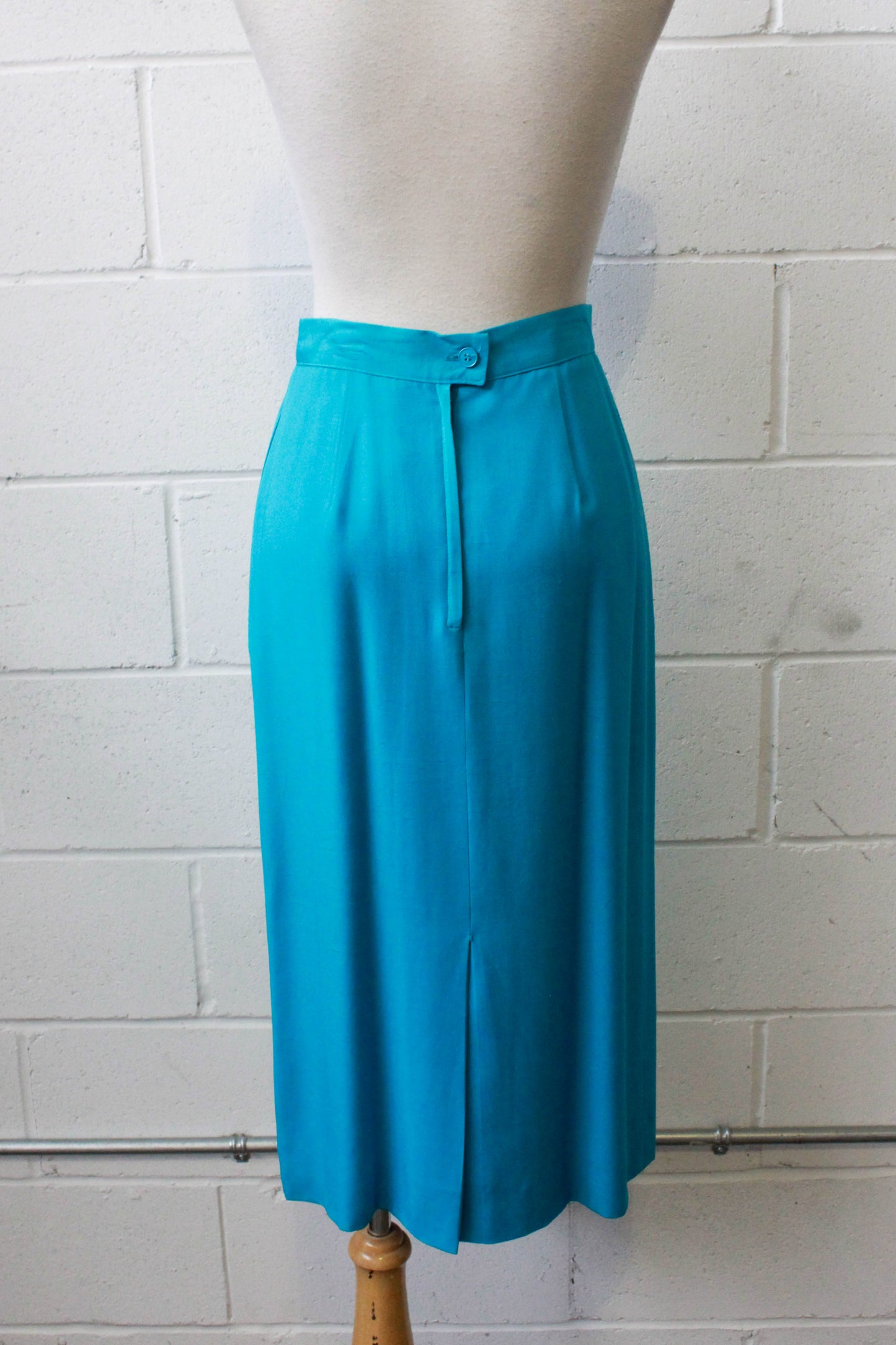 1980s Turquoise Pencil Skirt with Pleat Detail, Waist 26"