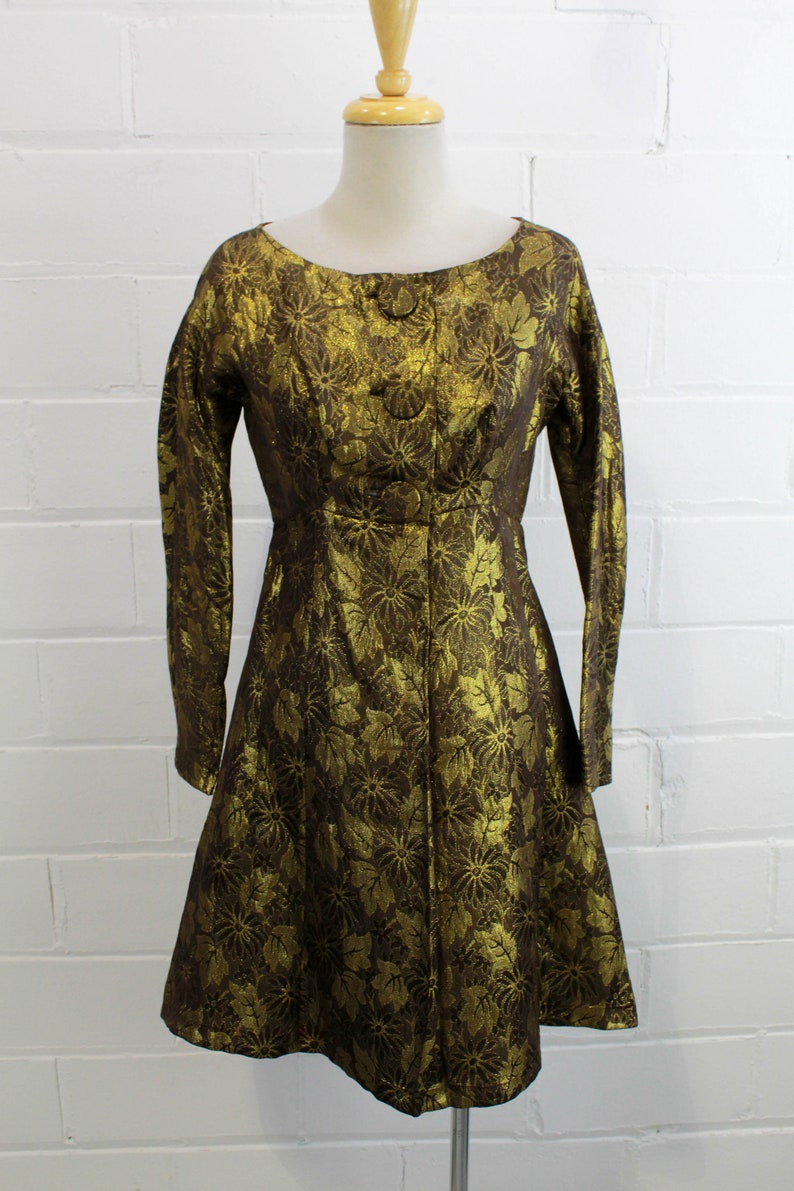 Vintage 1960s Gold Brocade Floral Mini Dress, XS Vintage 1960s Gold Brocade Floral Mini Dress, XS
